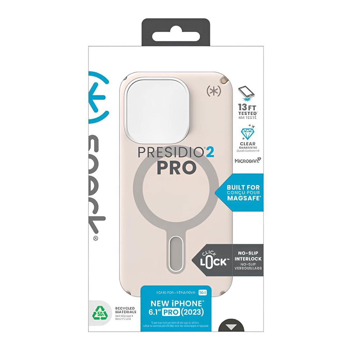 Eine Handyhülle-Box mit Markenlogo und Produktname PRESIDIO2 PRO. Sie hebt Funktionen wie MagSafe und Fallschutz hervor.