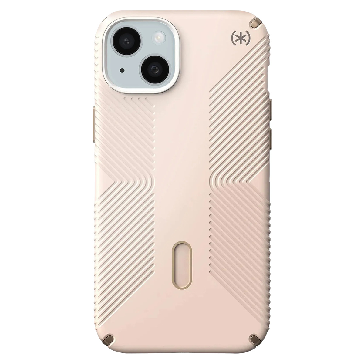 Una custodia per telefono rosa cipria con un design geometrico. Due obiettivi della fotocamera in alto con un logo. La custodia ha una superficie strutturata.