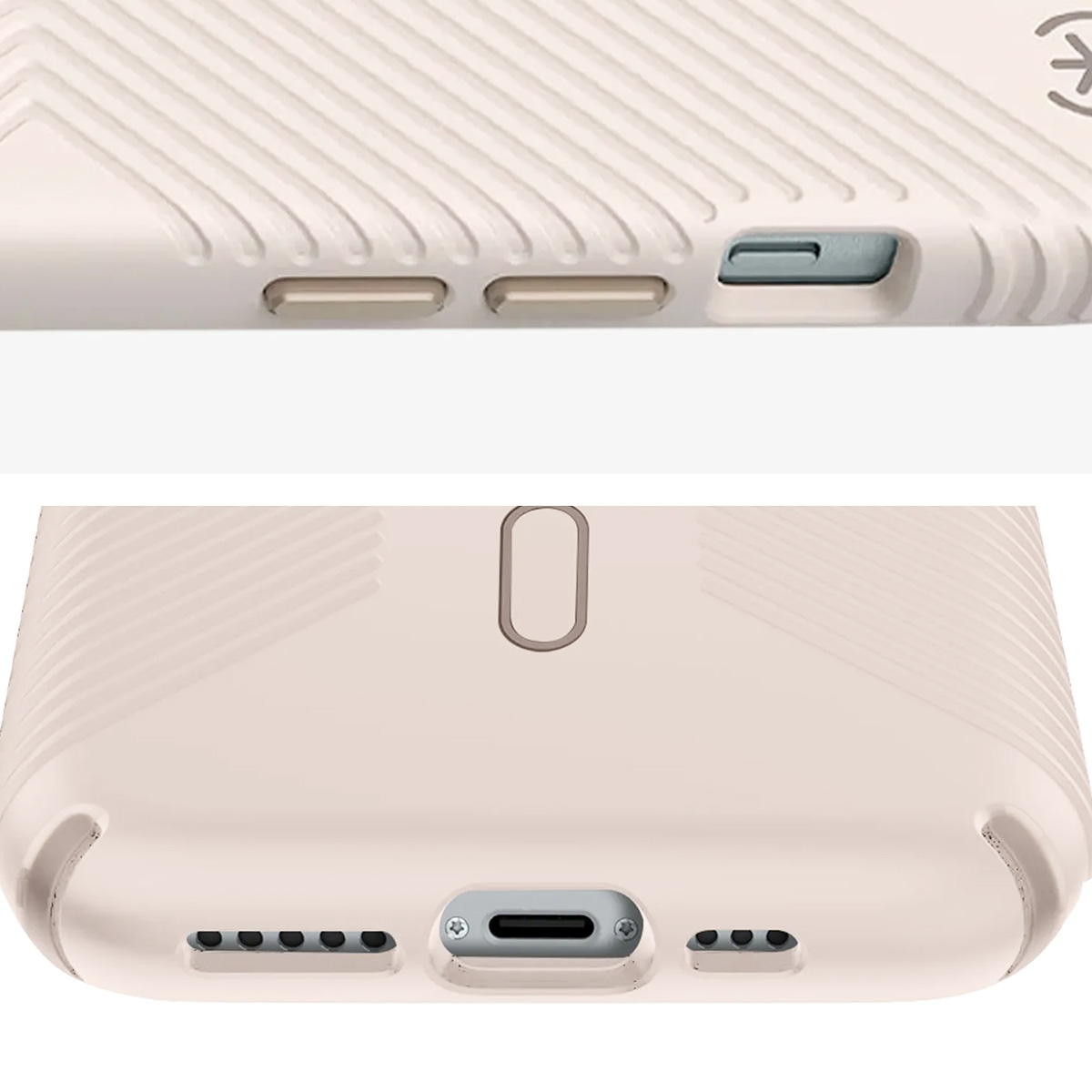 Primo piano di una custodia per telefono. La custodia è rosa chiaro con un design strutturato. Ha ritagli per i pulsanti, la porta di ricarica e gli altoparlanti.