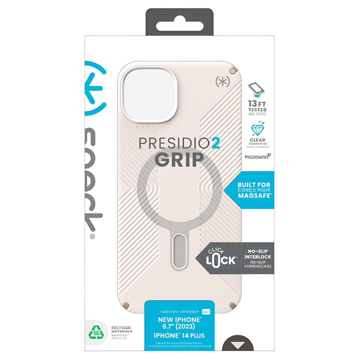 Confezione per custodia iPhone. La custodia è bianco sporco con impugnatura circolare e ritaglio per la fotocamera. Il testo include 'Presidio2 Grip'.