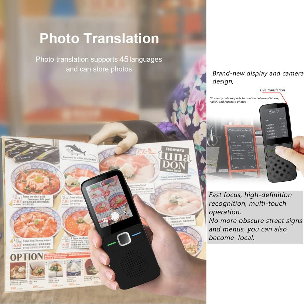 Eine Person hält ein Gerät, das ein Menü übersetzt. Das Menü zeigt Sushi und andere Speisen. Text weist auf Fotoübersetzung hin.