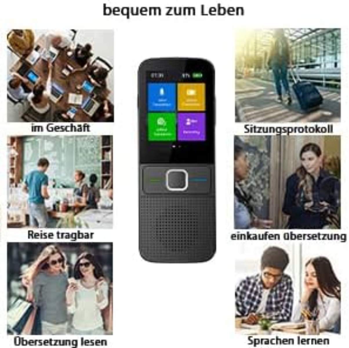 Ein schwarzes Gerät steht im Mittelpunkt. Darum herum befinden sich Bilder: Menschen an einem Tisch, in einem Café, am Flughafen und andere, die das Gerät benutzen.