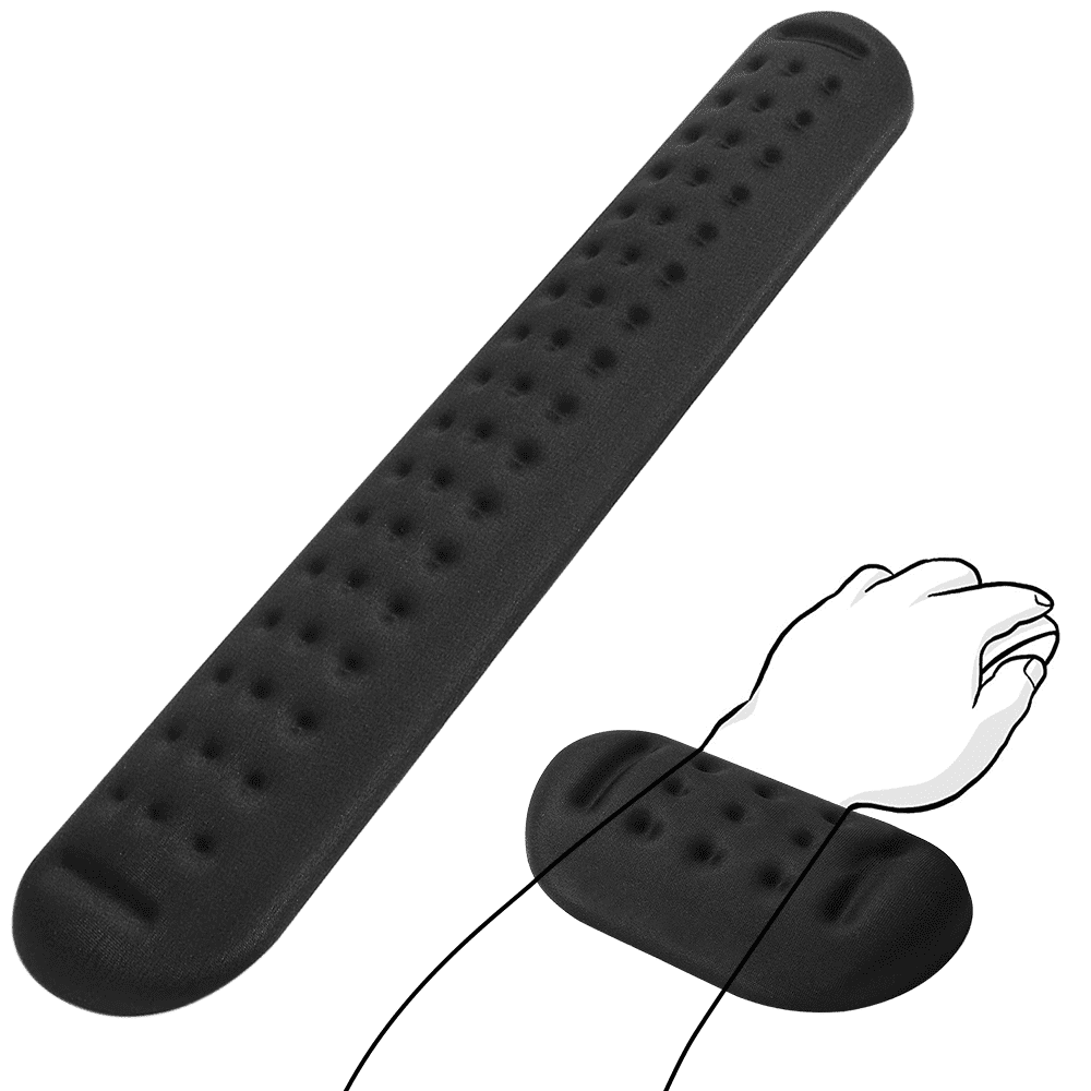 Eine schwarze Handgelenkauflage mit strukturierter Oberfläche, die eine Hand bei der Benutzung zeigt. Ein Diagramm zeigt die Handgelenkauflage.