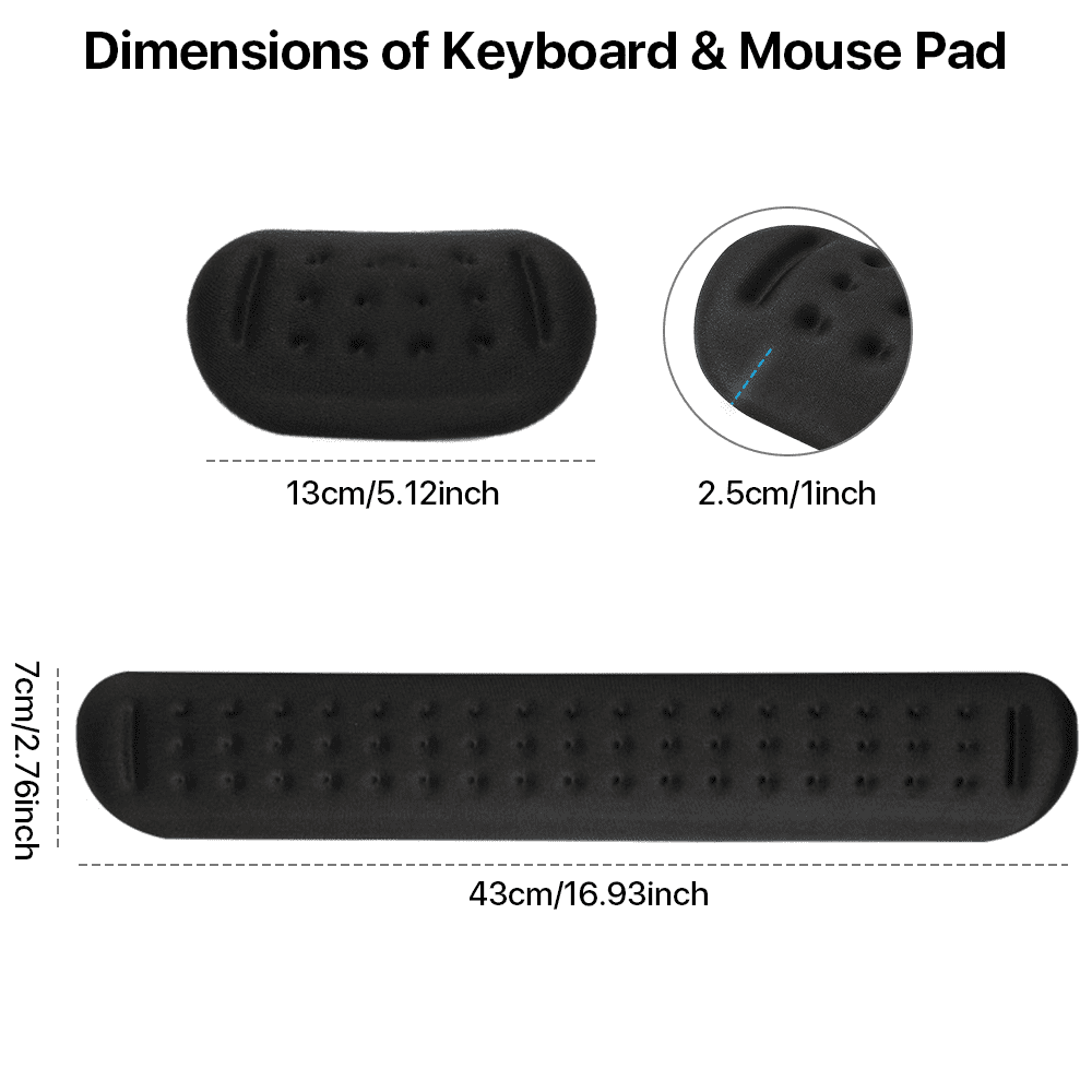 Das Bild zeigt schwarze Tastatur- und Mauspads mit Abmessungen. Das Tastaturpad ist 43 cm, das Mauspad 2,5 cm und die Handgelenkauflage 13 cm.