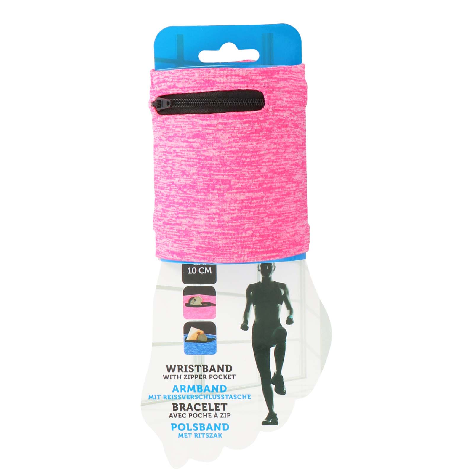 Un brassard rose avec une poche zippée noire. Il a un dessus bleu et une étiquette blanche avec du texte et une silhouette.