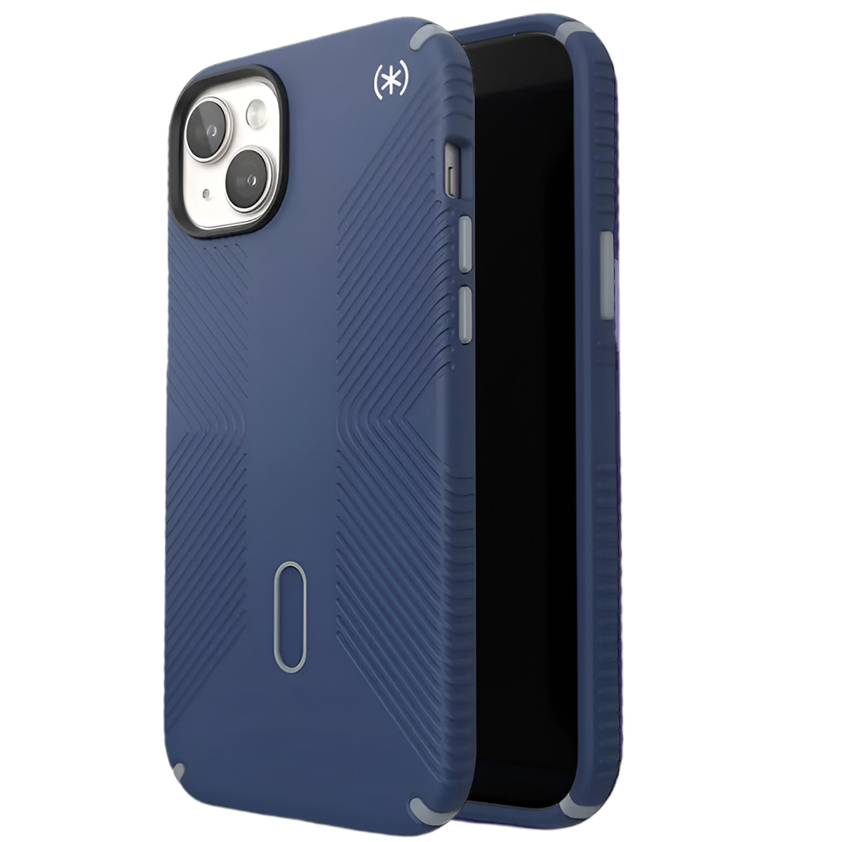 Una custodia blu per telefono con un telefono nero all'interno. La custodia ha linee strutturate e un logo. I pulsanti sono visibili sul lato.