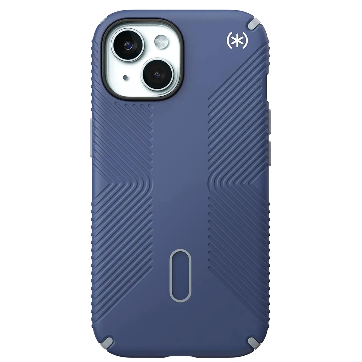Custodia blu per telefono con fori per fotocamera. Design strutturato e logo del marchio. Accenti grigi sugli angoli e intorno al foro.