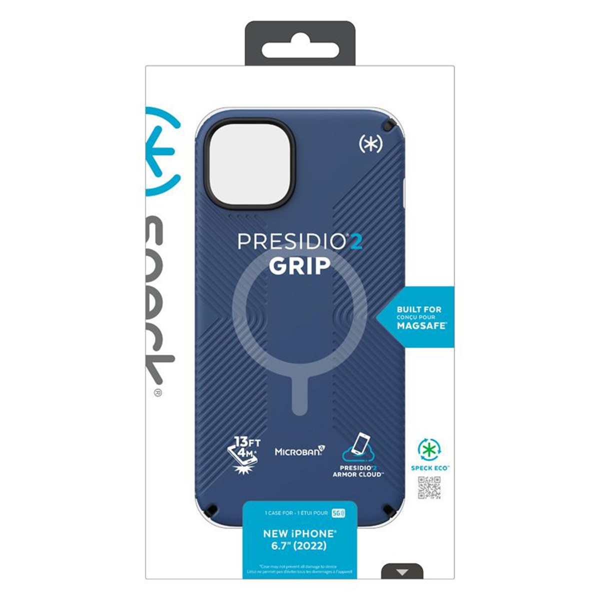 Scatola blu per custodia del telefono. Dice 'PRESIDIO GRIP' e 'Built for MagSafe'. Menziona anche l'iPhone 6,7" (2022).