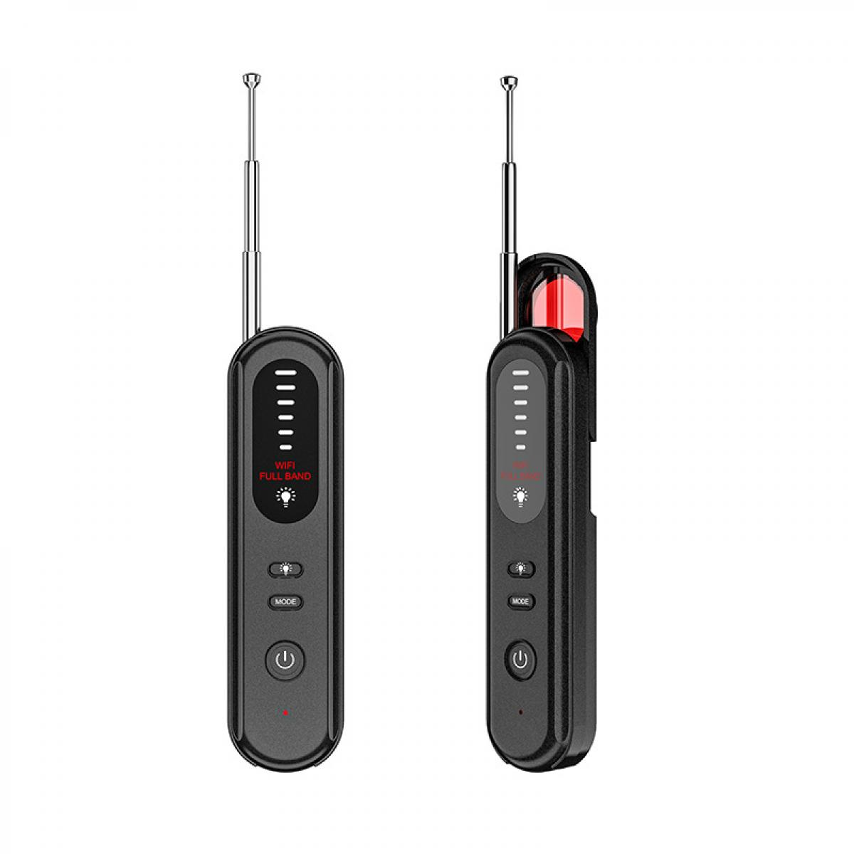Zwei schwarze HF-Signaldetektoren. Jeder hat eine Antenne, einen Ein- und Ausschalter und Anzeigelampen. Einer hat ein rotes Licht oben.