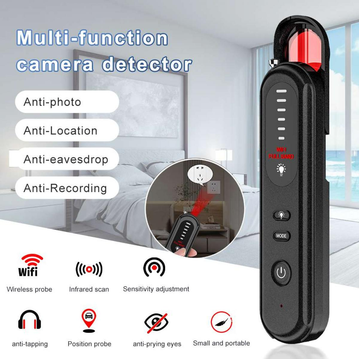 Ein schwarzer Multifunktions-Kameradetektor mit rotem Licht, WLAN und Symbolen. Es hat auch Symbole für Anti-Foto, Ort, Abhören und Aufnahme.