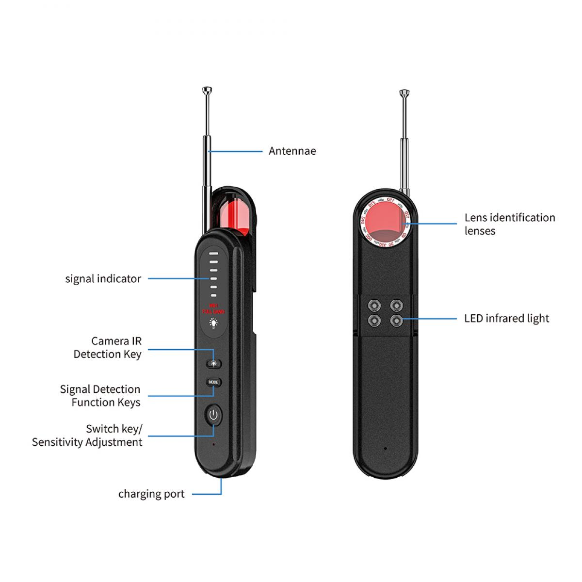 Zwei schwarze und rote Signaldetektoren mit Antennen. Einer hat eine Signalanzeige und Tasten. Der andere hat Linsen und LEDs.