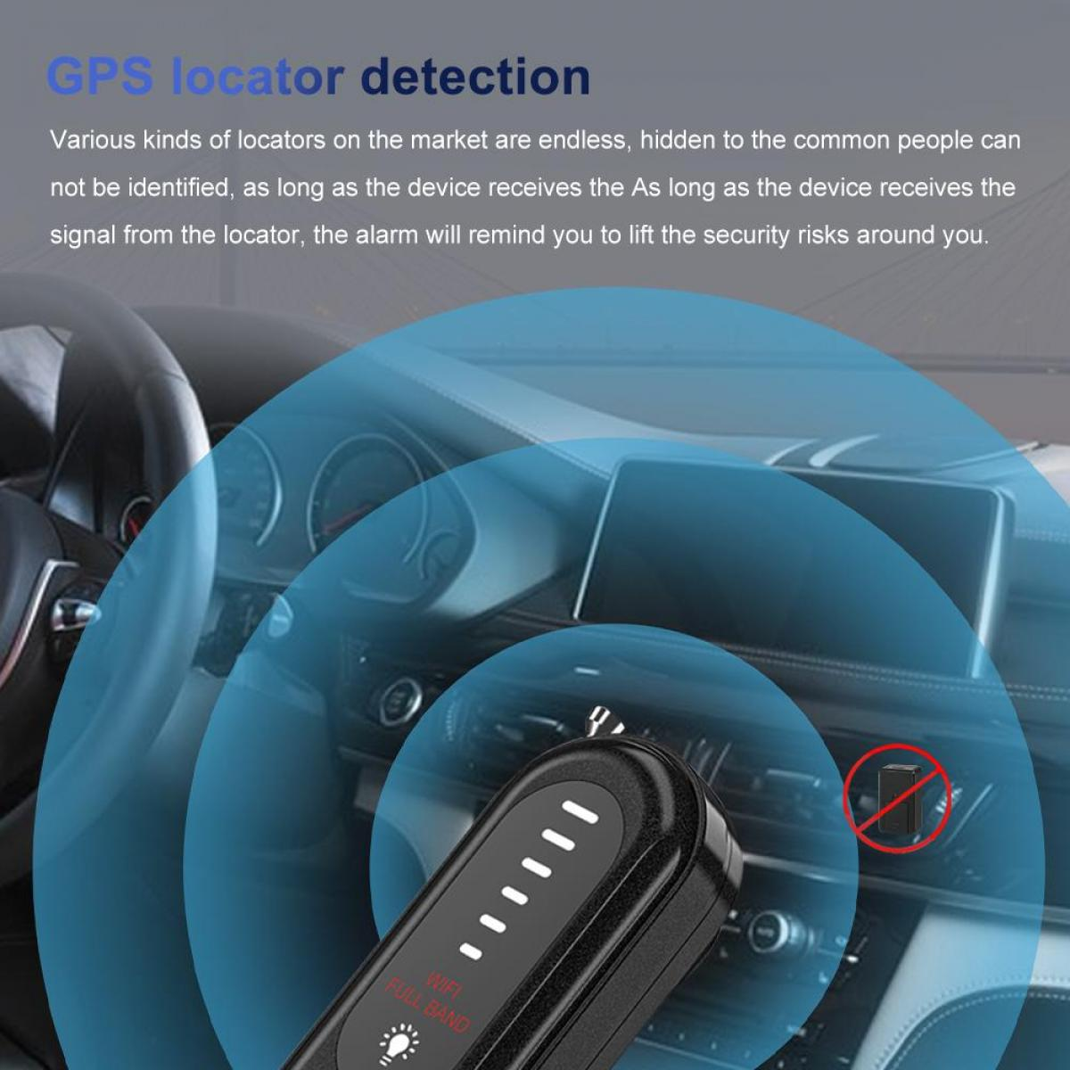 Ein schwarzes Gerät im Auto detektiert GPS-Ortungsgeräte. Blaue, radarähnliche Kreise gehen vom Gerät aus.