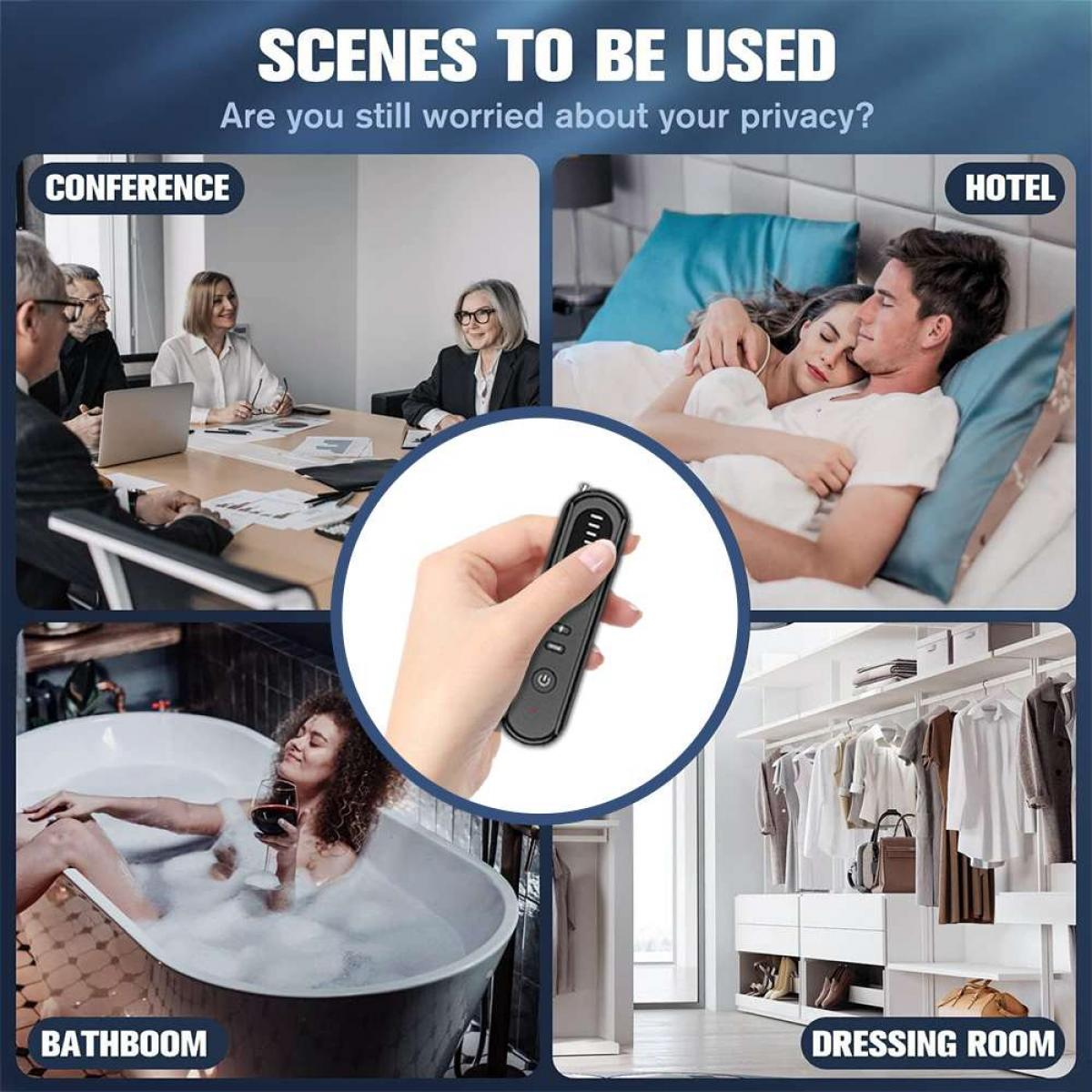 Das Bild zeigt Szenen: Konferenz, Hotel, Badezimmer, Ankleidezimmer. Eine Hand hält ein schwarzes Gerät. Text: Szenen zur Verwendung.