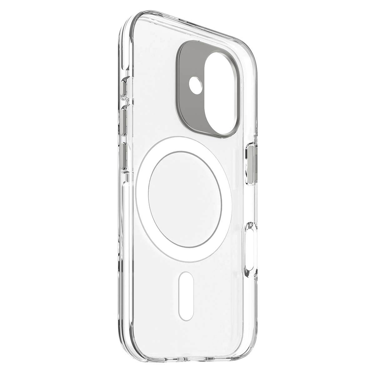 Eine transparente Handyhülle mit Kameraaussparung und kreisförmiger magnetischer Ladefläche. Die Hülle hat Knopfaussparungen.