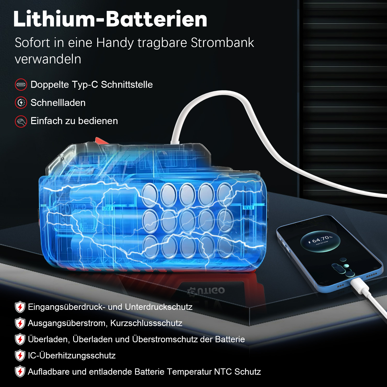 Ein transparentes Akkupack mit blauen Zellen lädt ein blaues Telefon über ein weißes Kabel. Text über Funktionen ist vorhanden.