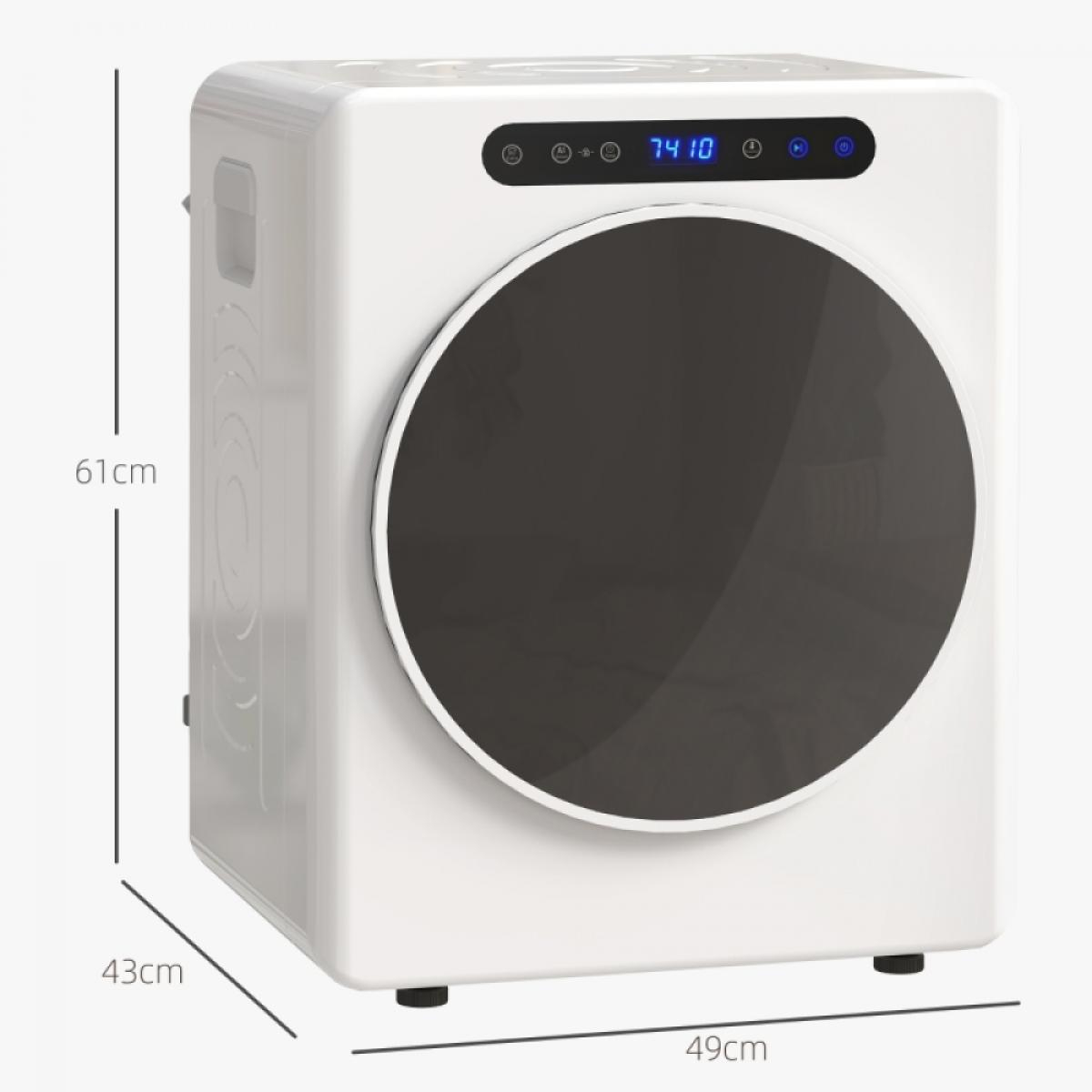 Ein weißer Trockner mit einer dunklen runden Tür. Die Abmessungen sind mit 61 cm Höhe, 43 cm Breite und 49 cm Tiefe angegeben. Eine Digitalanzeige ist sichtbar.