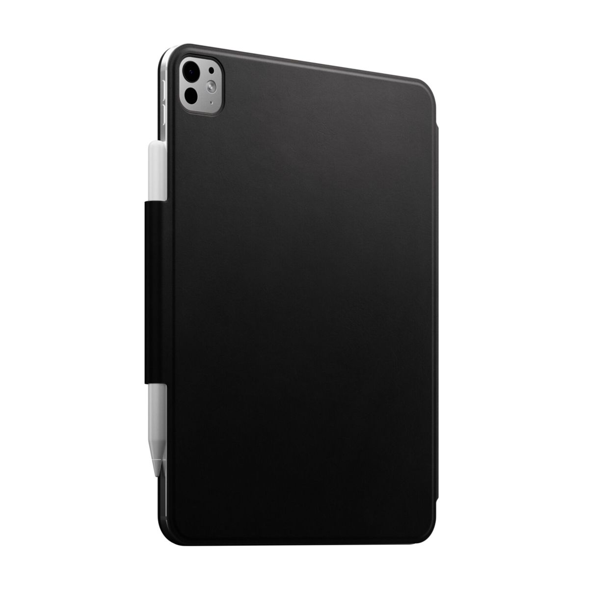 Schwarzes iPad Pro mit schwarzer Hülle, weißem Stifthalter und silbernen Details. Die Rückseite hat eine Kamera. Weißer Hintergrund.