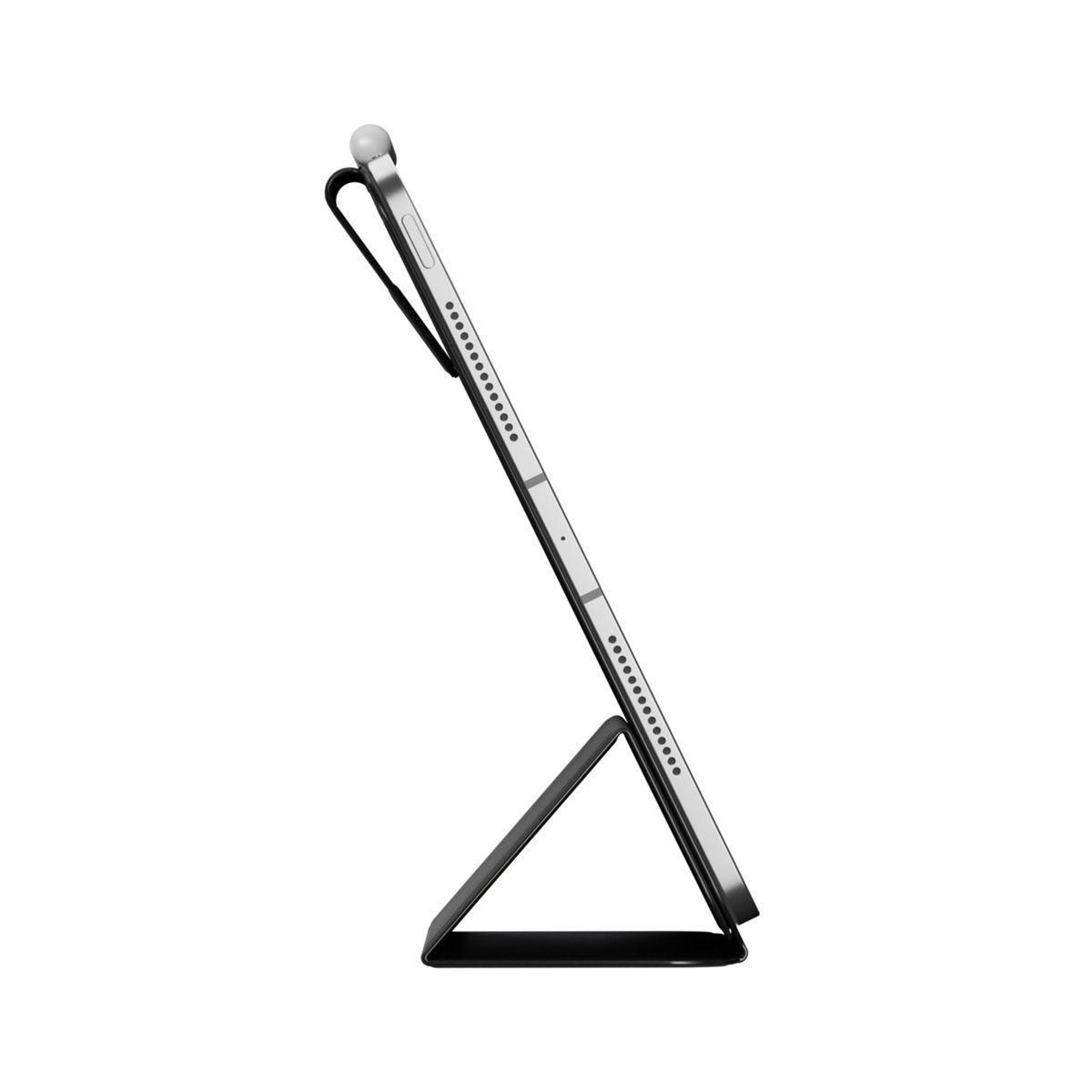 Ein Tablet in einer schwarzen Hülle, die von der Hülle aufgestellt wird. Ein Stift ist am Tablet befestigt. Der Hintergrund ist weiß.