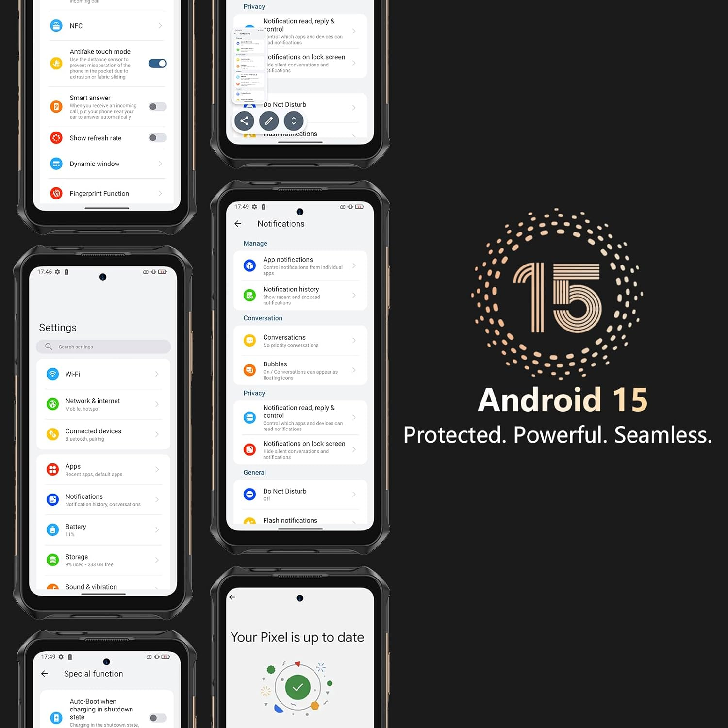 Ein Telefonbildschirm zeigt Einstellungen und Android 15-Informationen an. Dunkles Thema mit weißem Text. Es gibt verschiedene Einstellungsoptionen.