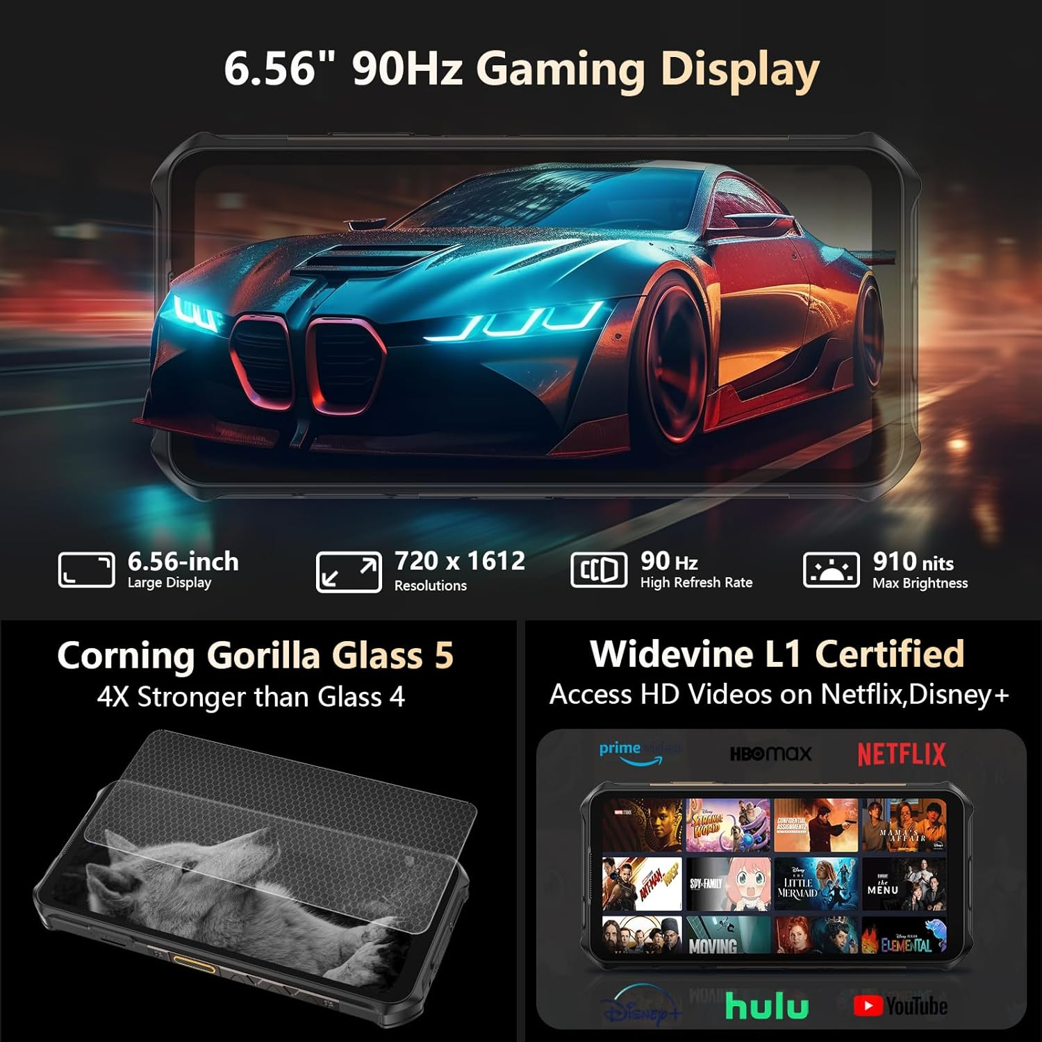 Ein Handy-Bildschirm zeigt eine Autografik. Zu den Spezifikationen gehören ein 6,56"-Display, 90Hz Bildwiederholfrequenz und Corning Gorilla Glass. Zeigt auch Streaming-Apps.