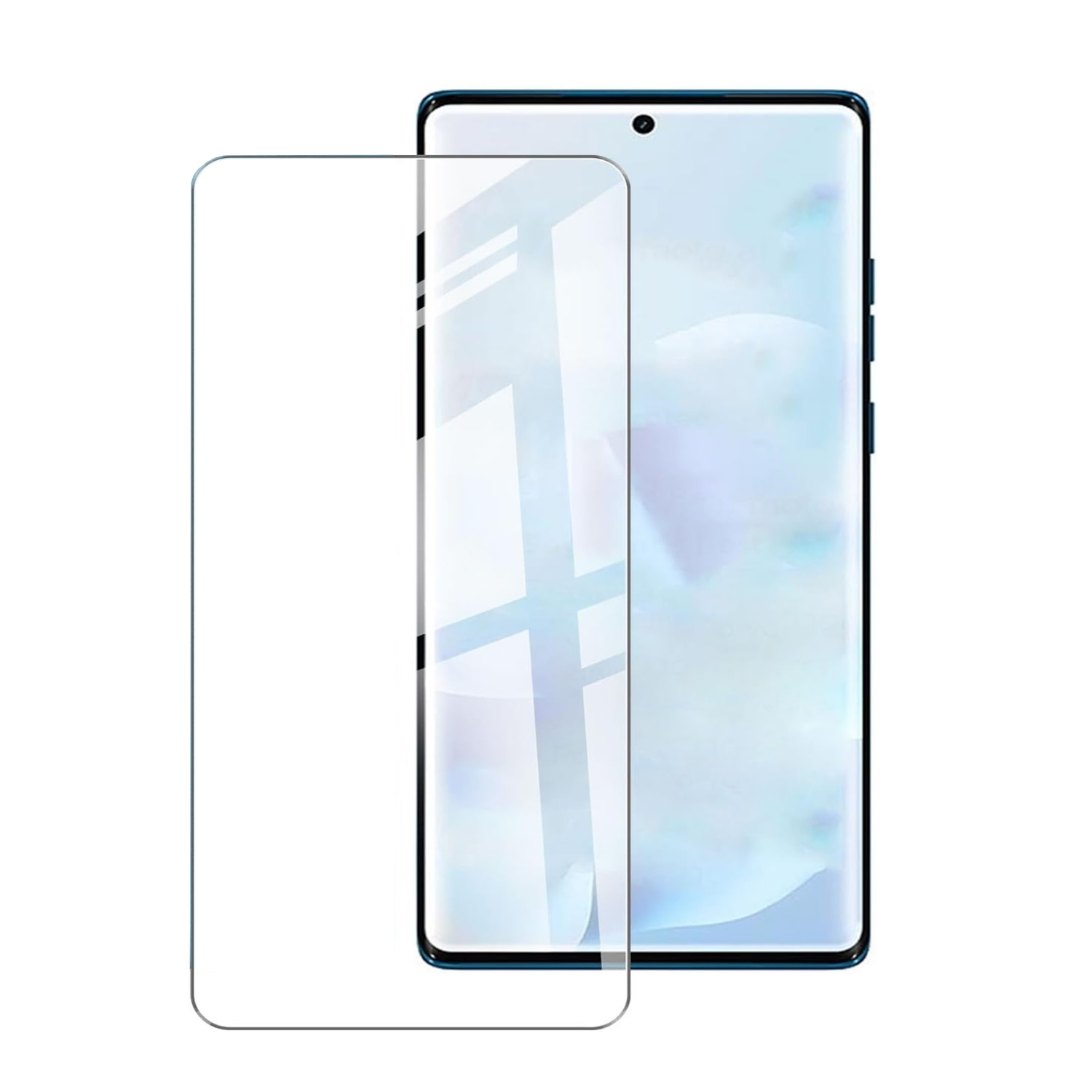 Uno smartphone con una protezione per lo schermo. Il telefono è blu, la protezione è trasparente.