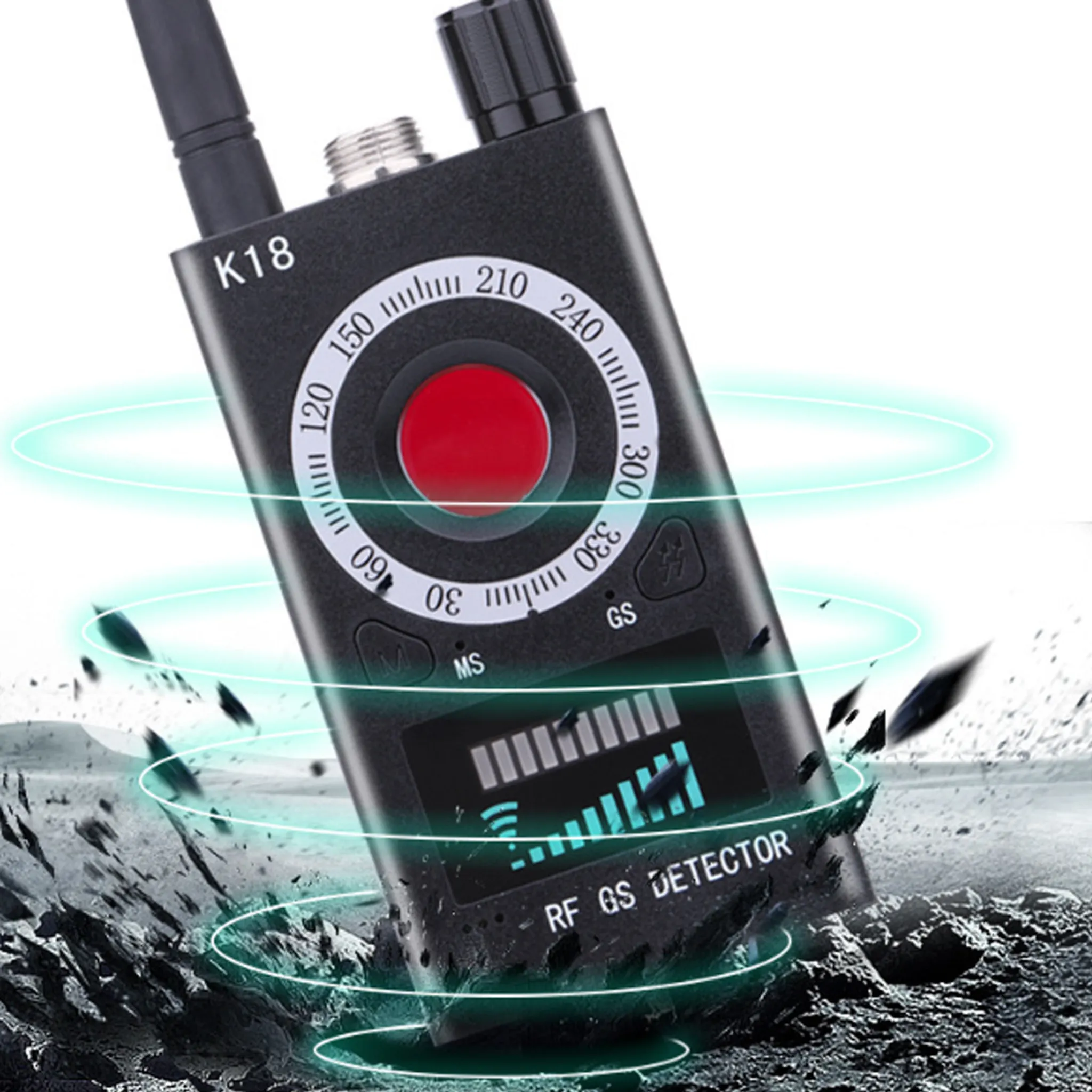 Ein schwarzes RF GS DETECTOR-Gerät mit Display und Antenne. Es zeigt einen Signalwert an. In der Mitte befindet sich ein Zifferblatt.