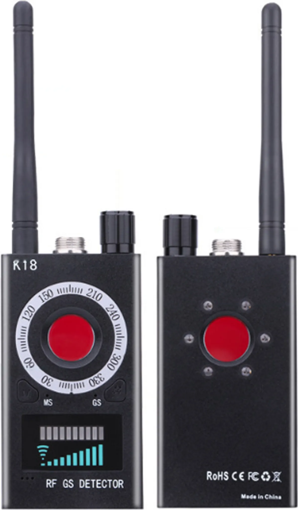 Zwei schwarze RF GS-Detektoren mit Antennen. Jedes Gerät hat ein Zifferblatt, einen roten Kreis und einen Bildschirm.