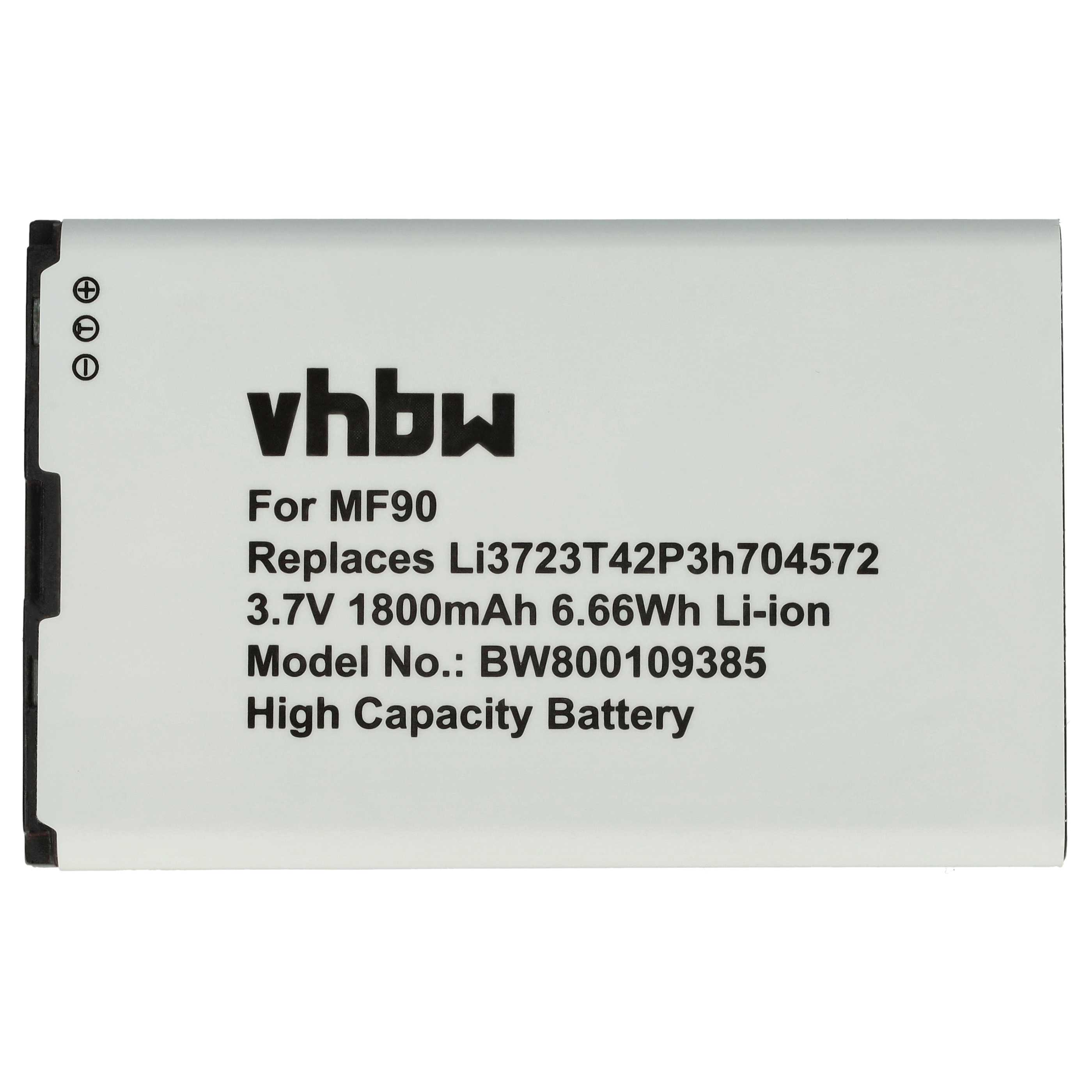 Ein weißer Akku mit schwarzem Text zeigt 'vhbw', 'For MF90' und Spezifikationen wie 3,7 V, 1800 mAh und Modellnummer.