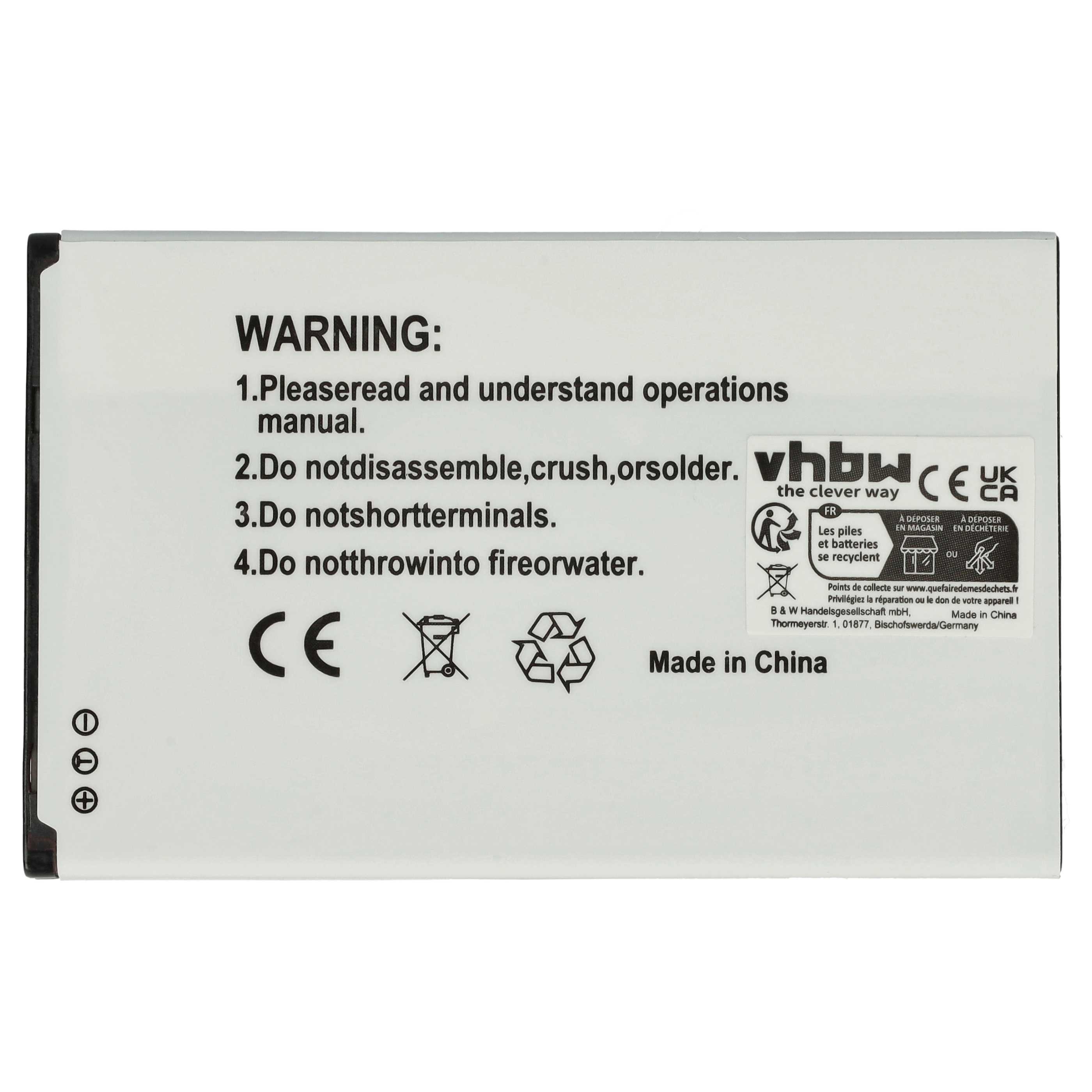 Weißer Akku mit Text und Symbolen. Enthält Warnhinweise und Recyclinghinweise. Made in China Etikett sichtbar.