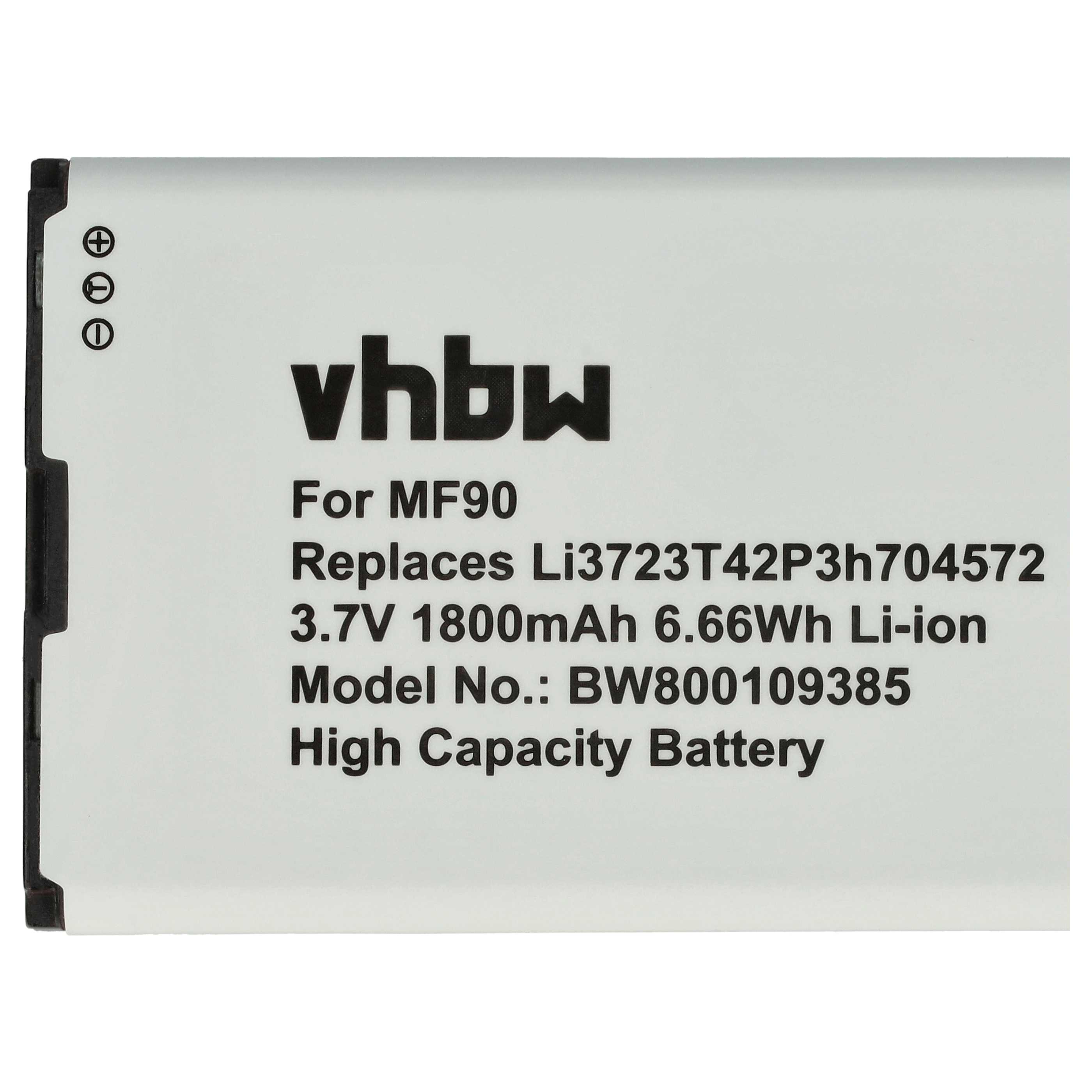 Ein weißer Akku mit schwarzem Text. Er trägt die Aufschrift vhbw, For MF90 und weitere Spezifikationen. Oben links Symbole.