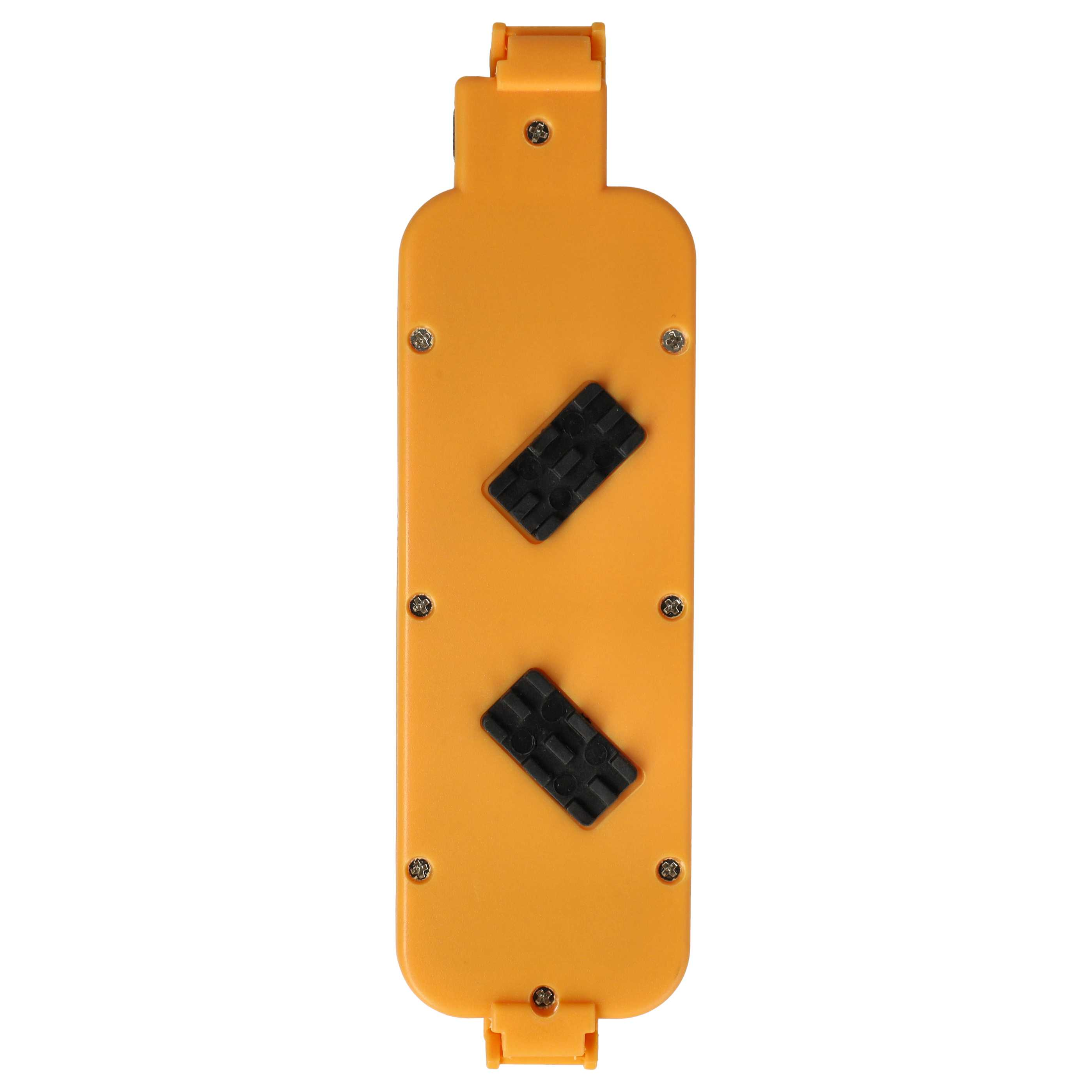 Ein orangefarbenes Gerät mit zwei schwarzen Pads und Schrauben. Es hat eine rechteckige Form und zwei kleine Laschen.