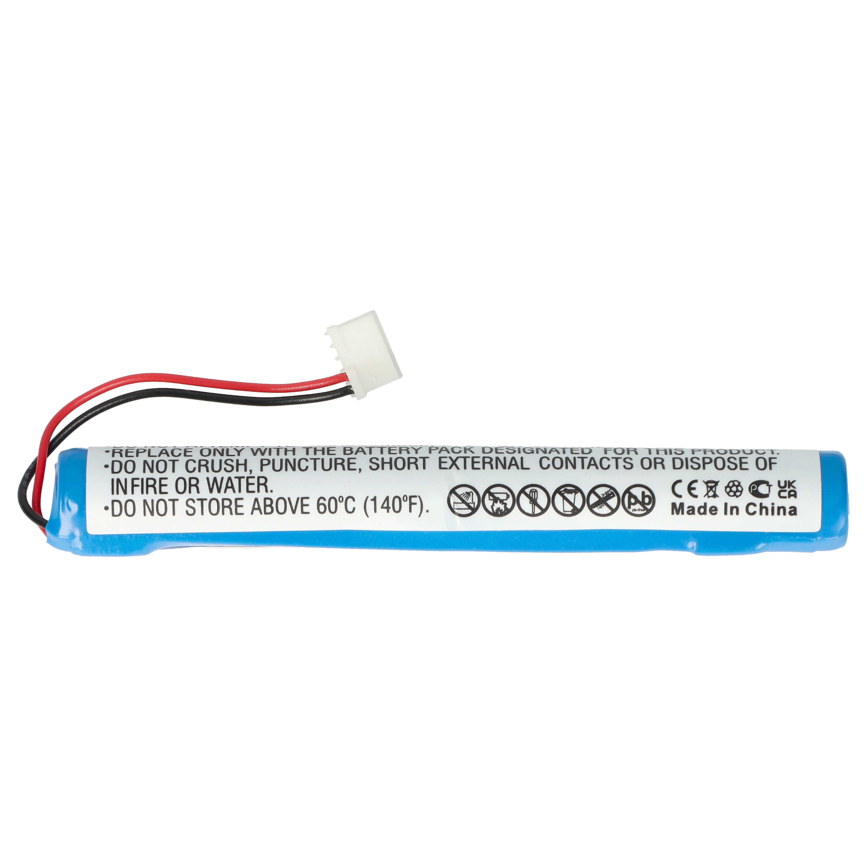 Eine blaue Batterie mit weißem Stecker und schwarzen, roten Drähten. Text auf der Batterie weist auf Warnungen und 'Made in China' hin.