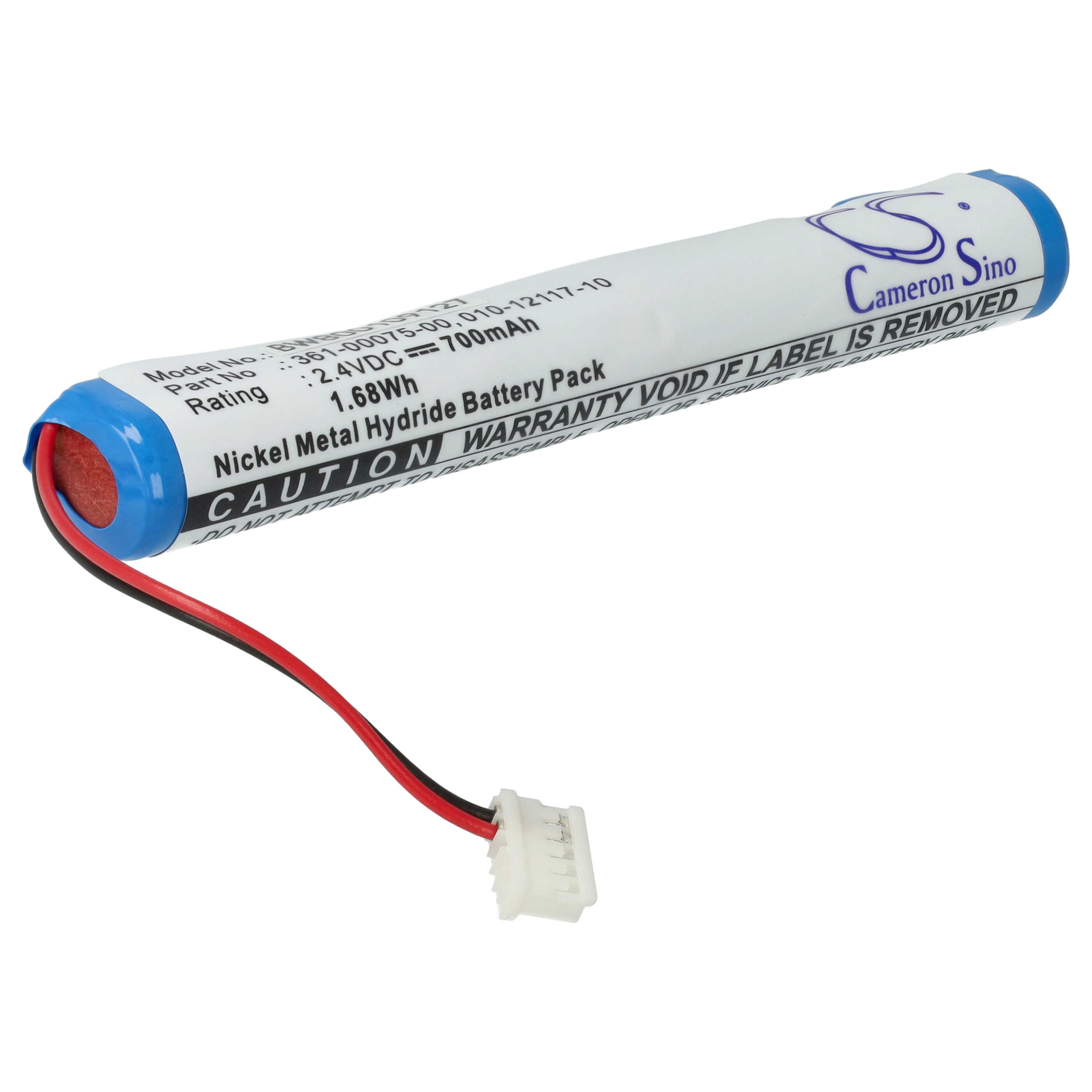 Ein weiß-blauer Akku mit schwarz-roten Drähten und einem weißen Stecker auf weißem Untergrund.