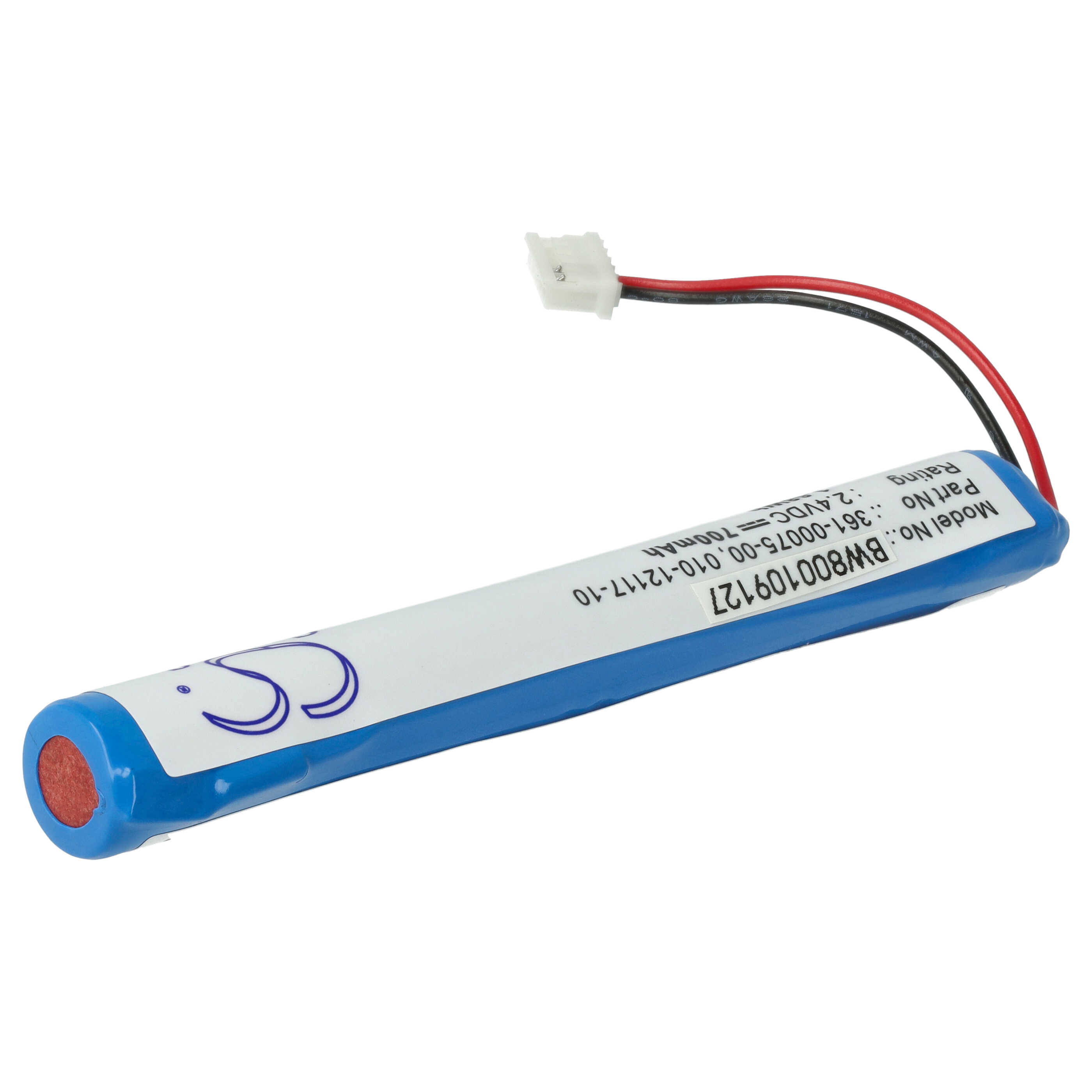 Eine zylindrische Batterie mit blauem Gehäuse, weißem Etikett und roten und schwarzen Drähten. Die Batterie ist abgewinkelt.