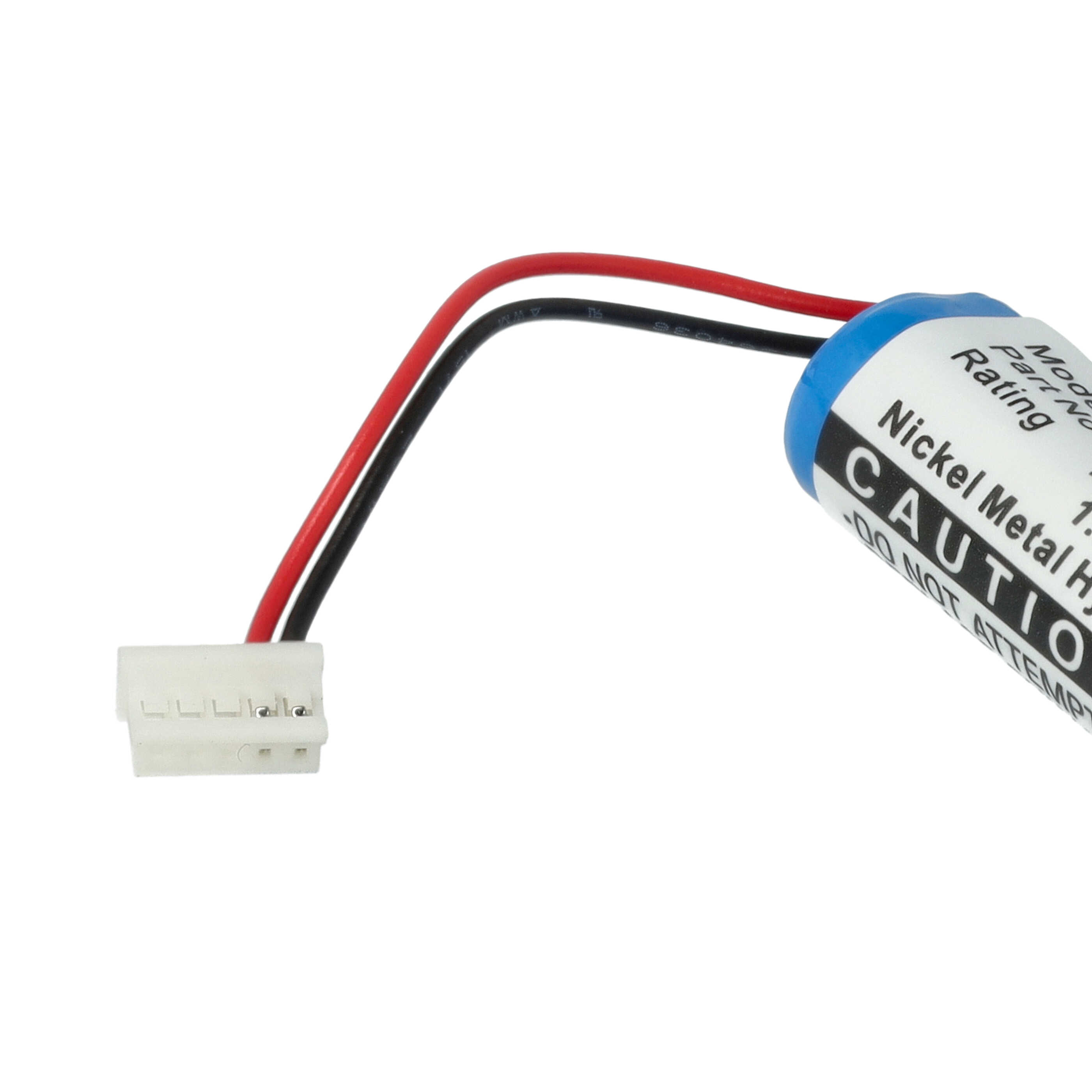 Eine zylindrische Batterie mit Drähten und einem Stecker. Die Batterie ist blau und weiß, mit schwarzen und roten Drähten.