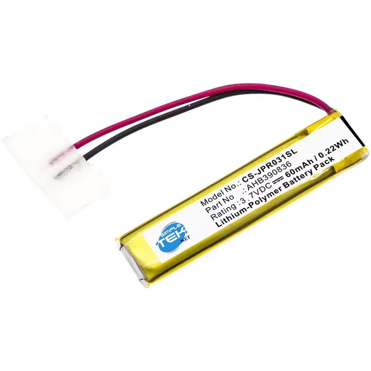 Una batteria ai polimeri di litio con connettore bianco, fili neri e rossi. Testo sulla batteria: Modello n., Codice articolo, Valutazione, Batteria ai polimeri di litio.