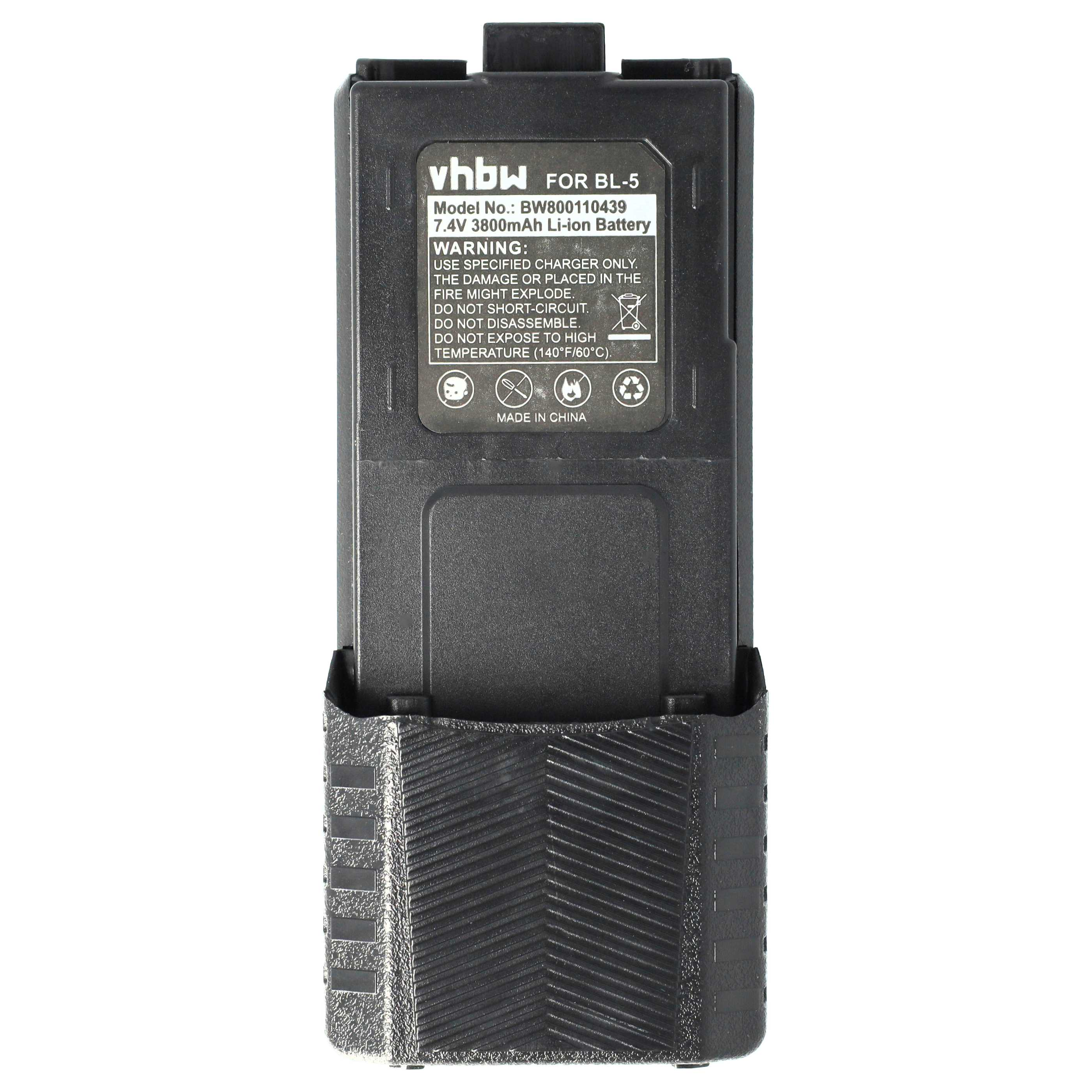 Schwarzer Akku mit Text: vhbw FOR BL-5, Modell BW800110439, 7,4V 3800mAh Li-Ion. Warnhinweise und Text: Made in China.