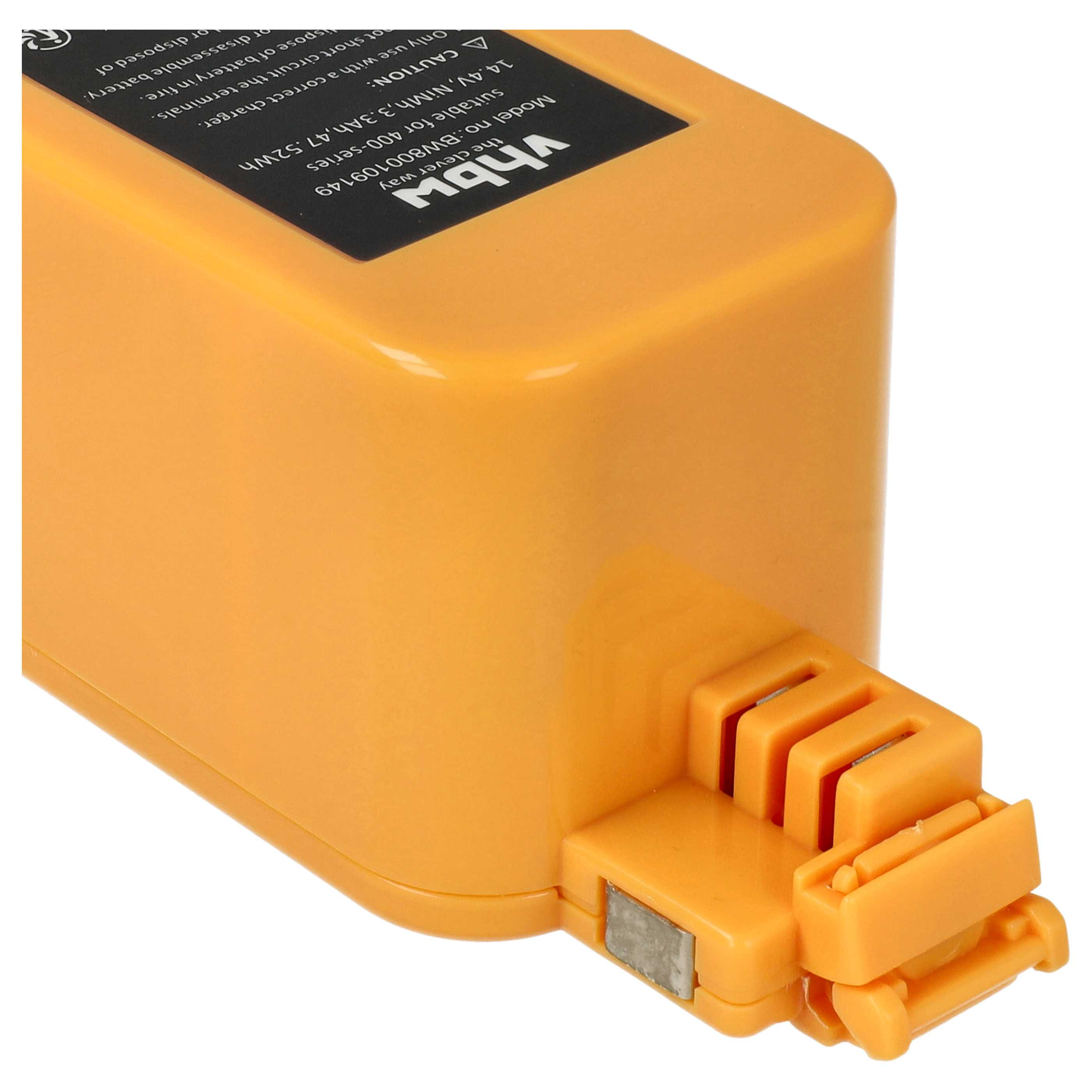 Ein orangefarbener Akku mit einem schwarzen Etikett und einem Stecker. Das Etikett hat weißen Text. Der Akku befindet sich auf weißem Hintergrund.