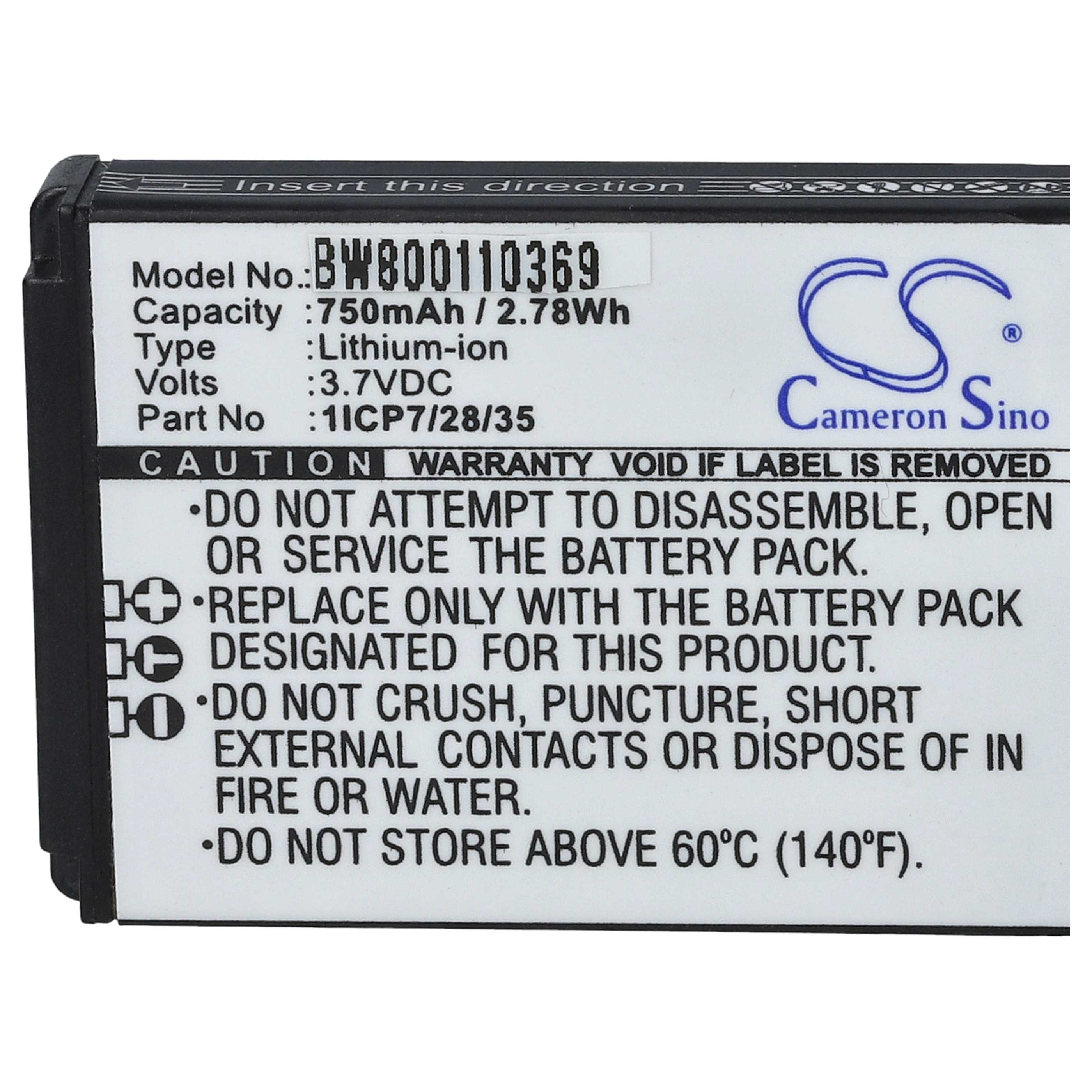 Ein Batterieetikett mit Modellnummer, Spezifikationen und Sicherheitshinweisen in Schwarz.