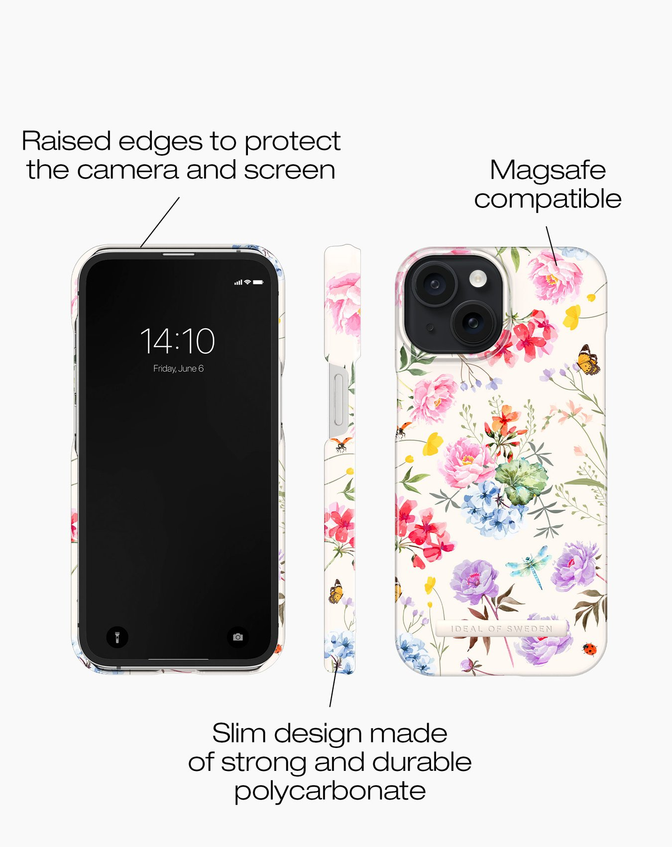 Ein iPhone mit floraler Handyhülle. Die Hülle hat rosa, blaue und lila Blumen. Text: Erhöhte Kanten, Magsafe, schlankes Design, Ideal of Sweden.