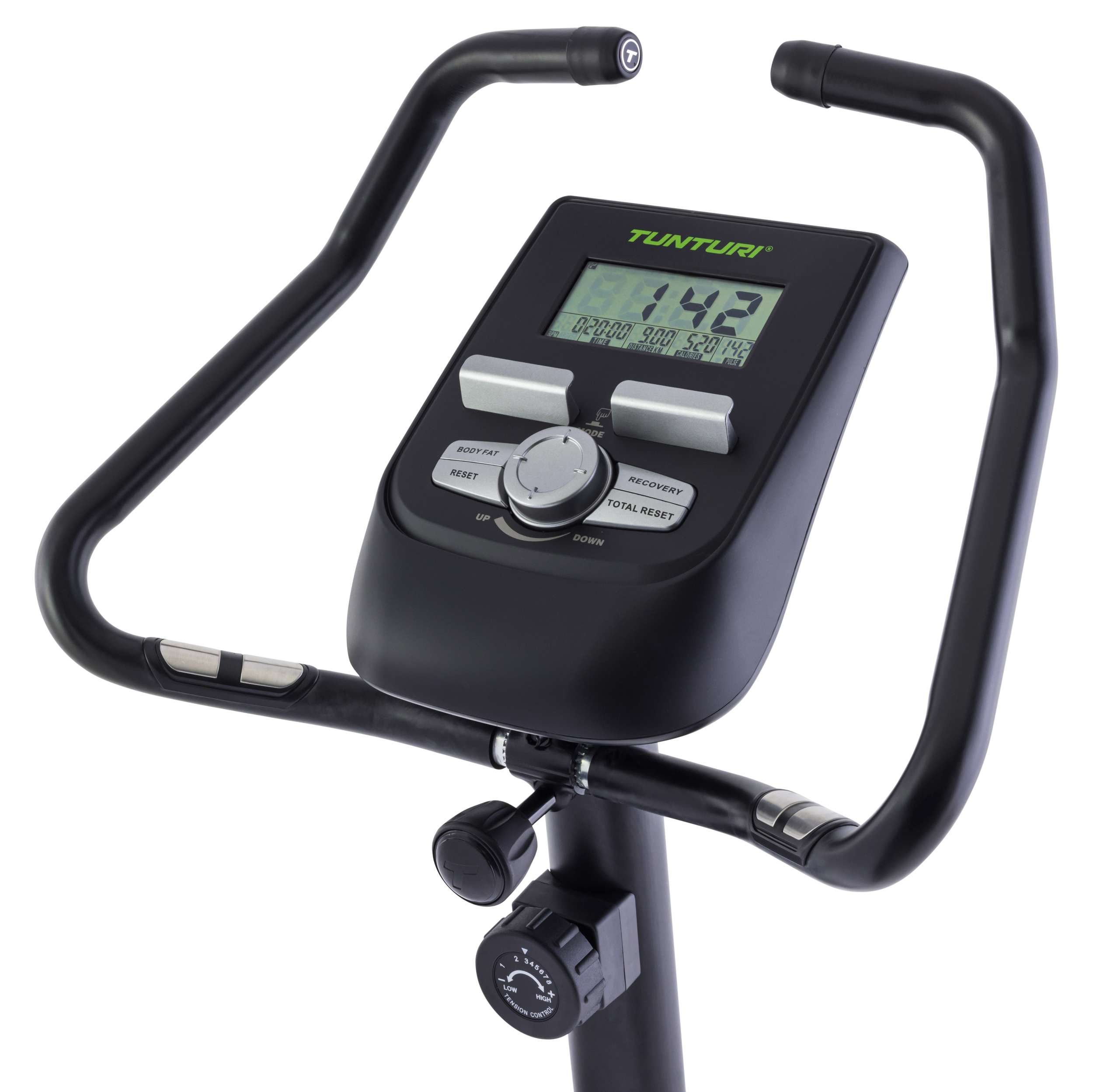 Stationaire hometrainer met digitaal display met statistieken en zwart stuur. Instelbare weerstandsknop zichtbaar.