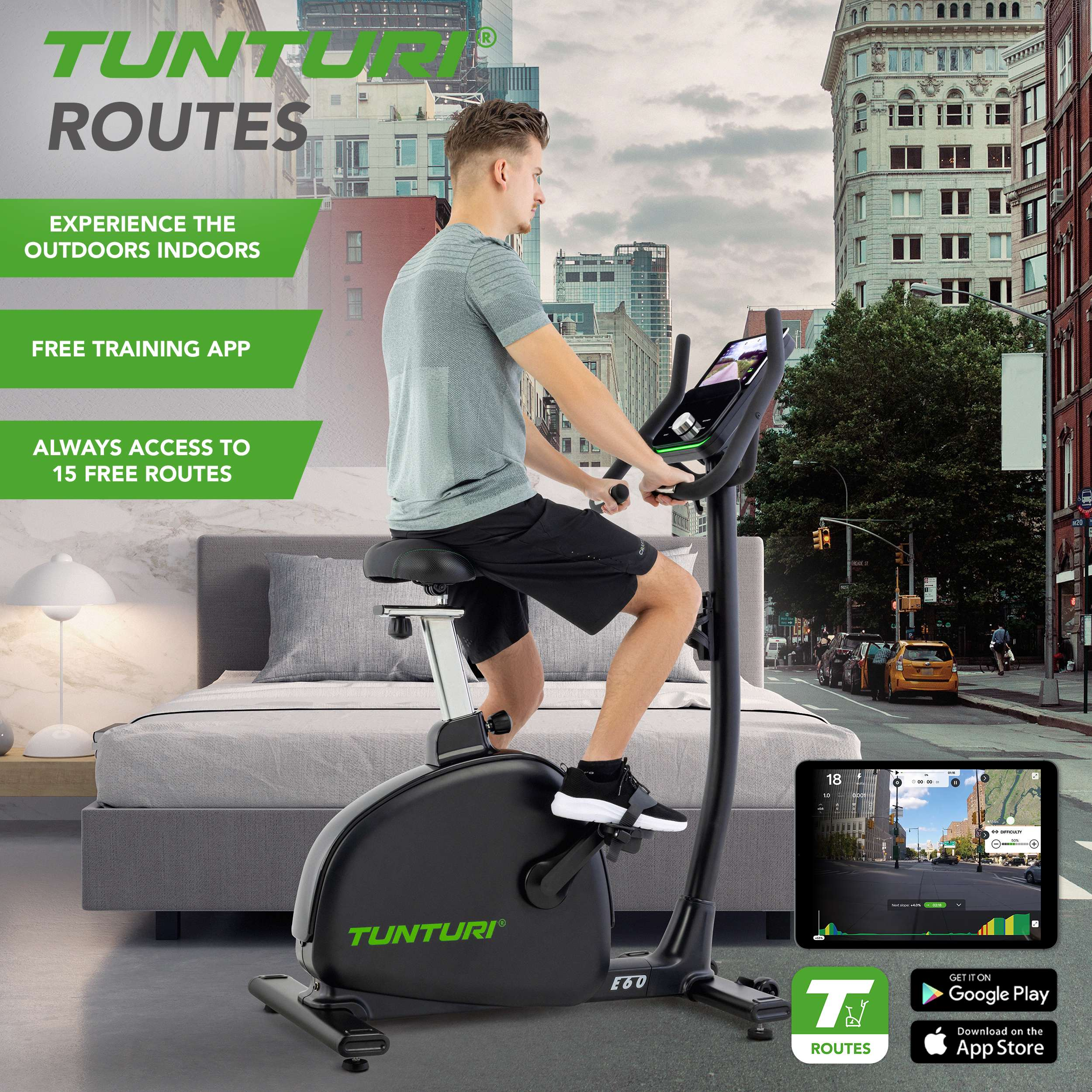 Een man op een hometrainer. De achtergrond toont een stadsgezicht met een tablet waarop een virtuele route wordt weergegeven.