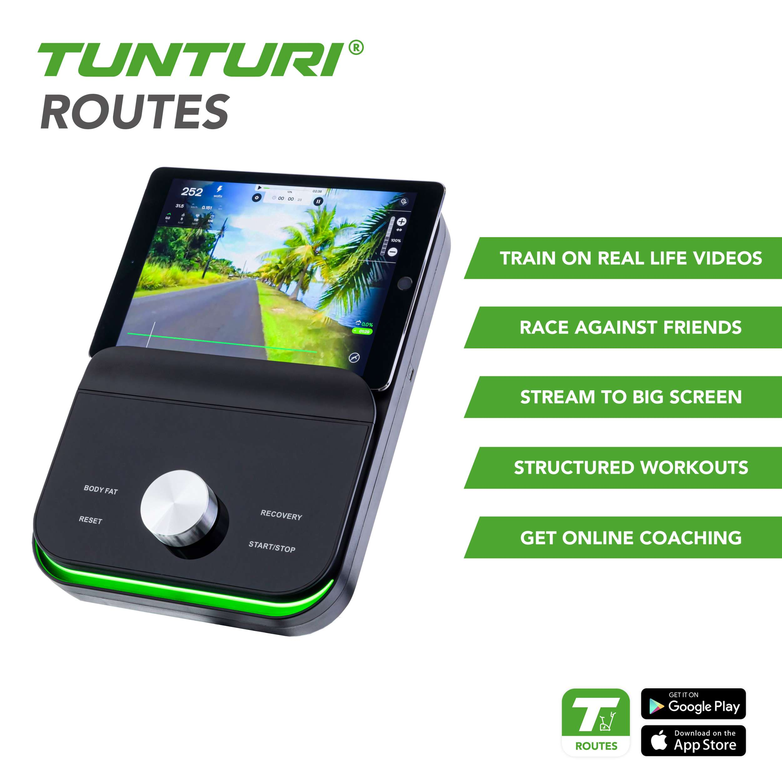 Zwart apparaat met scherm met een wegweergave, knoppen en groene accenten. Tekst: TUNTURI ROUTES.
