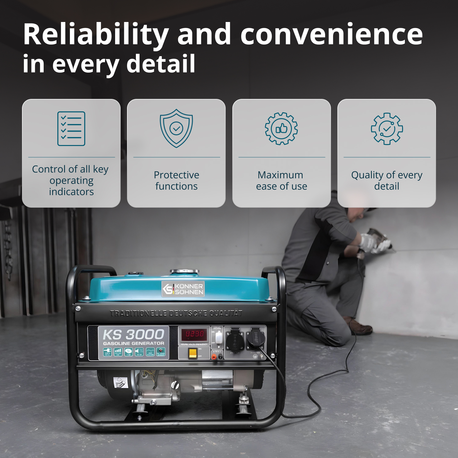 Generator z pracownikiem wiercącym w tle. Tekst podkreśla kontrolę, ochronę, łatwość użytkowania i jakość detali.