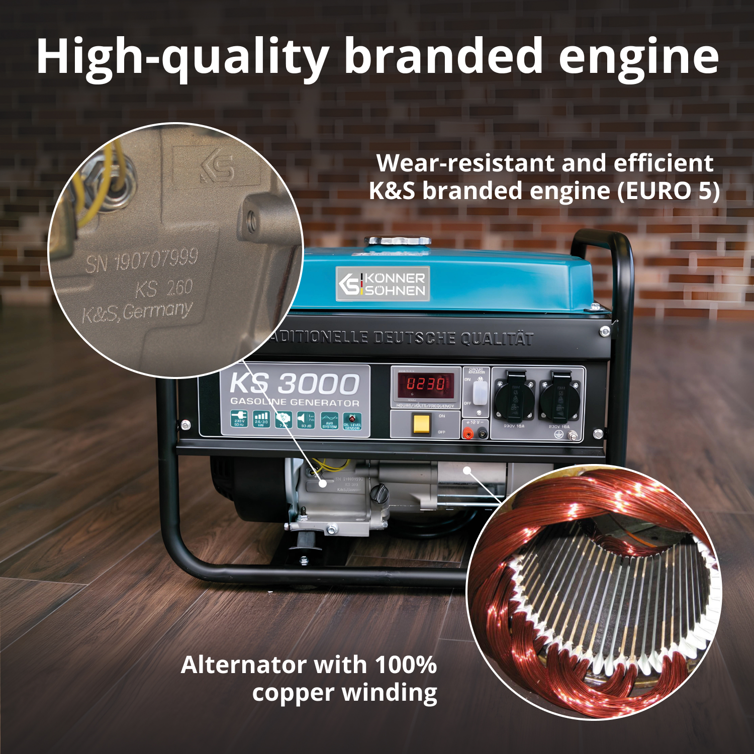 Generator z uzwojeniem miedzianym. Pokazano szczegóły silnika i części generatora. Marka to K&S.