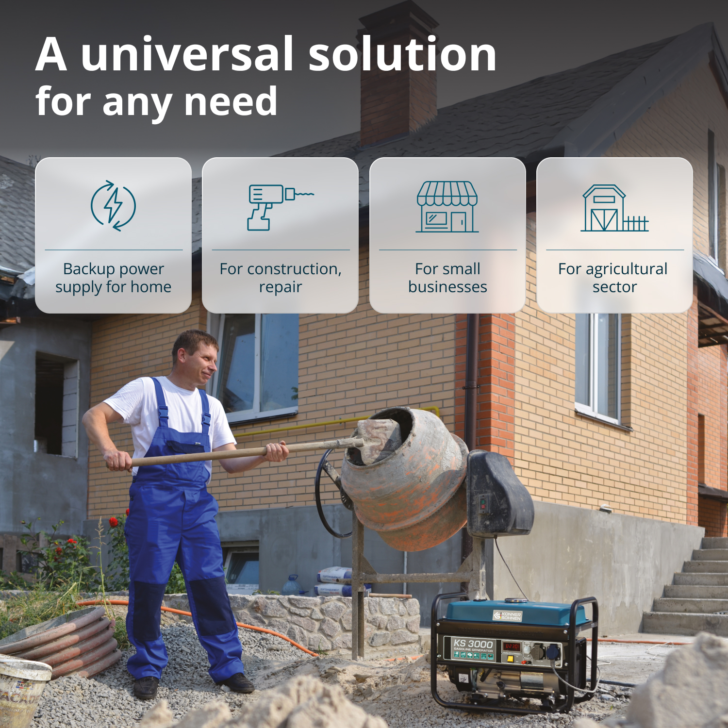 Mężczyzna w niebieskim kombinezonie używa łopaty. Za nim budowa. Agregat i betoniarka na pierwszym planie.