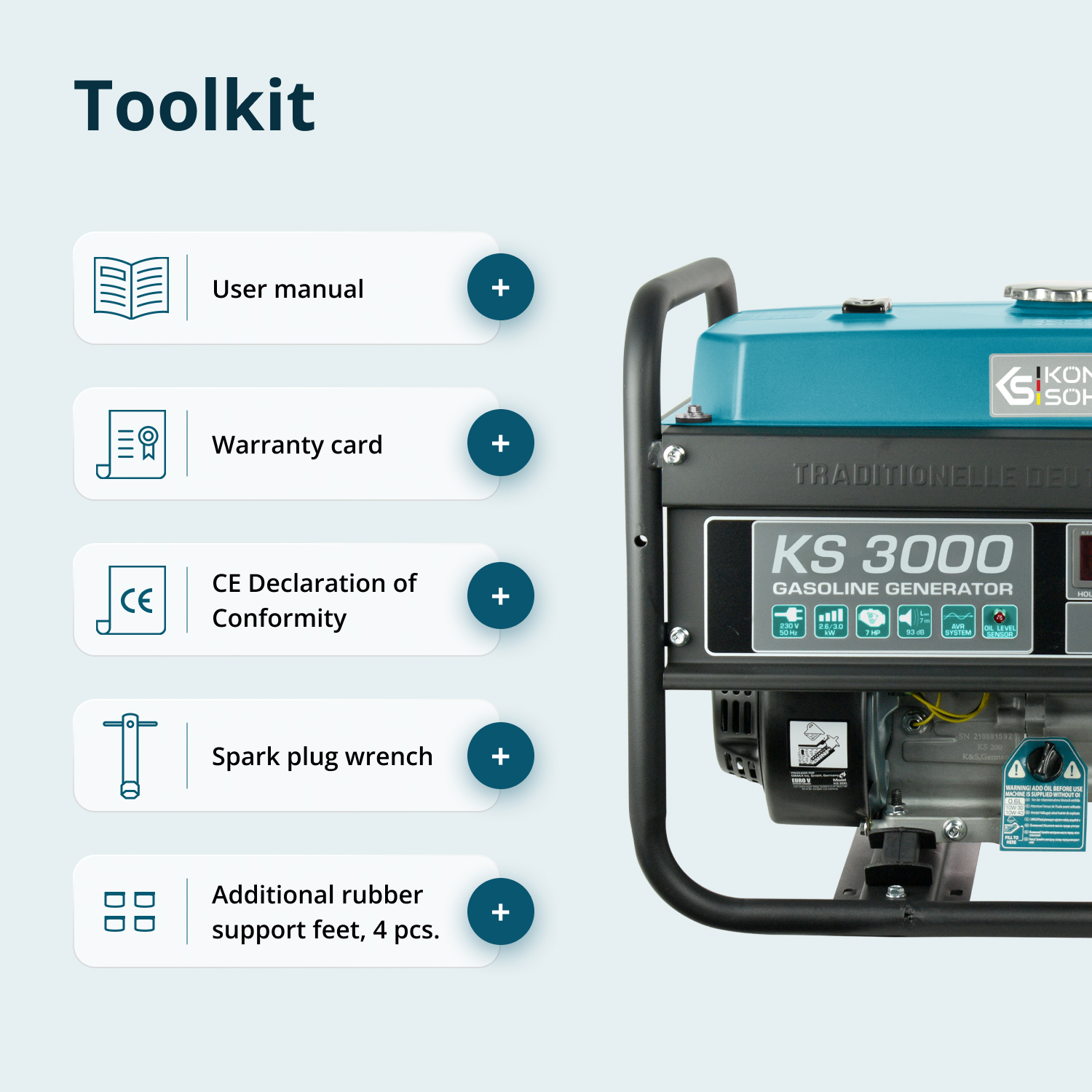 Obraz pokazuje generator z elementami zestawu narzędzi: instrukcja, karta gwarancyjna, deklaracja CE, klucz do świec zapłonowych i gumowe nóżki.