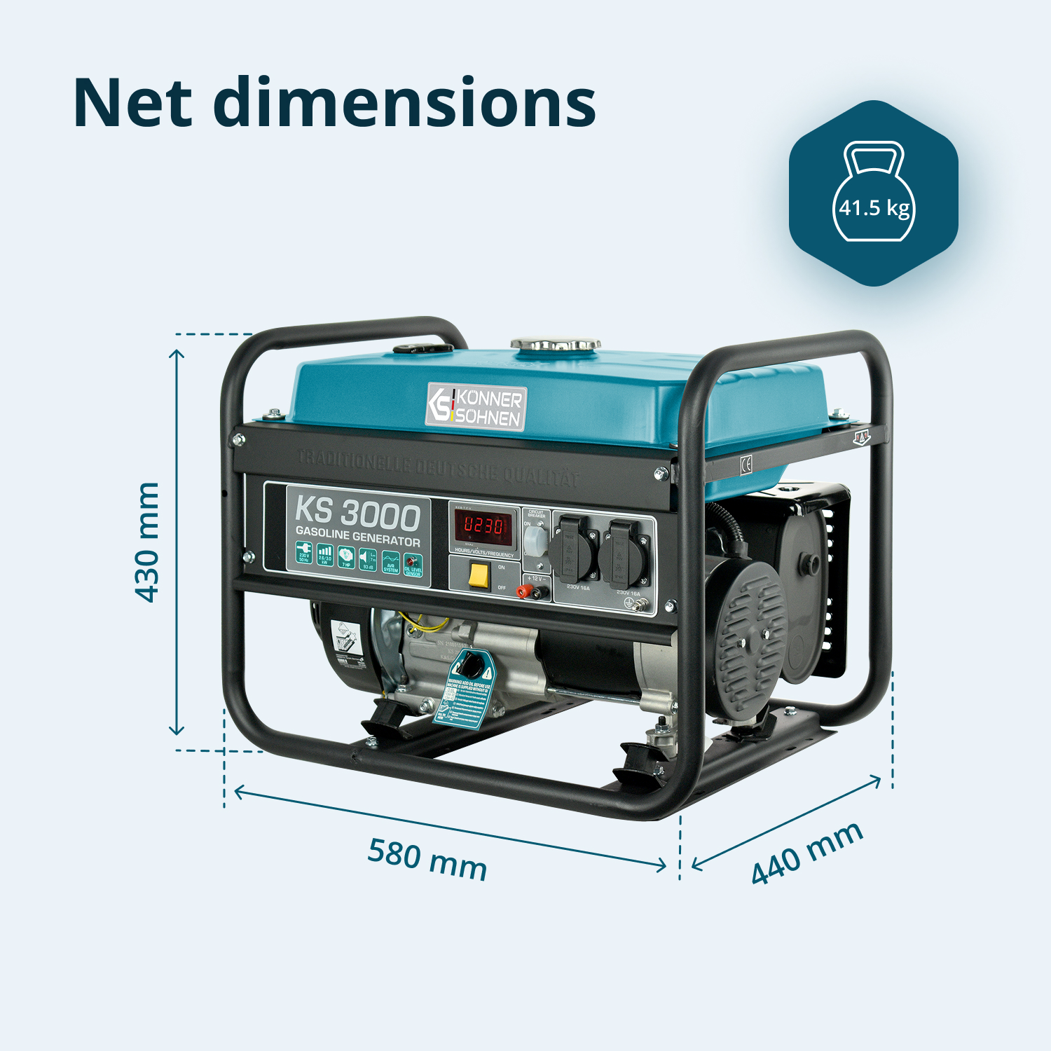 Generator z wymiarami i wagą. Jest turkusowy i czarny, z napisem 'KS 3000 Gasoline Generator'.