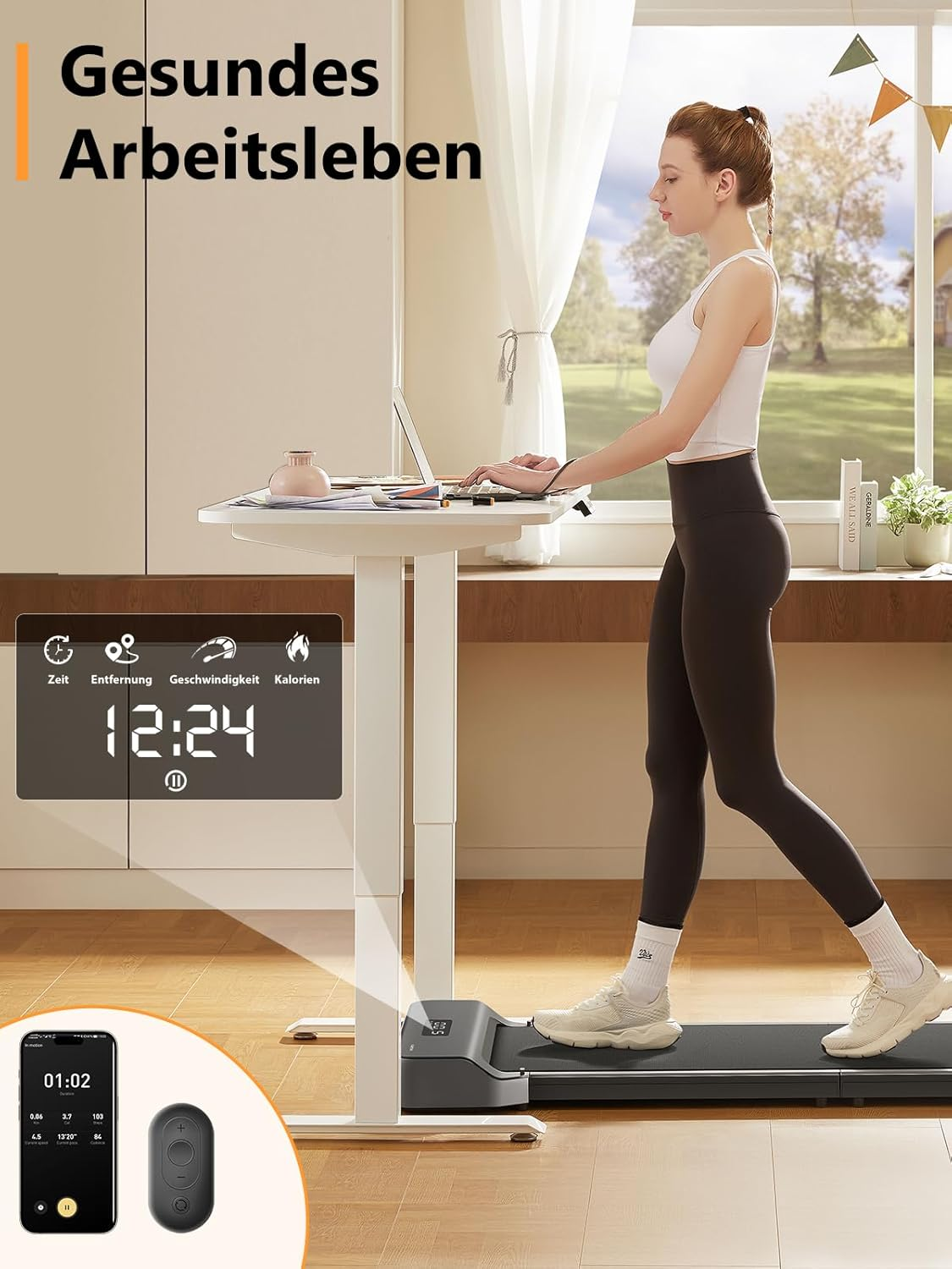 Eine Frau geht auf einem Laufband, während sie an einem Laptop arbeitet. Ein digitales Display zeigt Zeit und Statistiken. Telefon und Fernbedienung sind im Vordergrund.