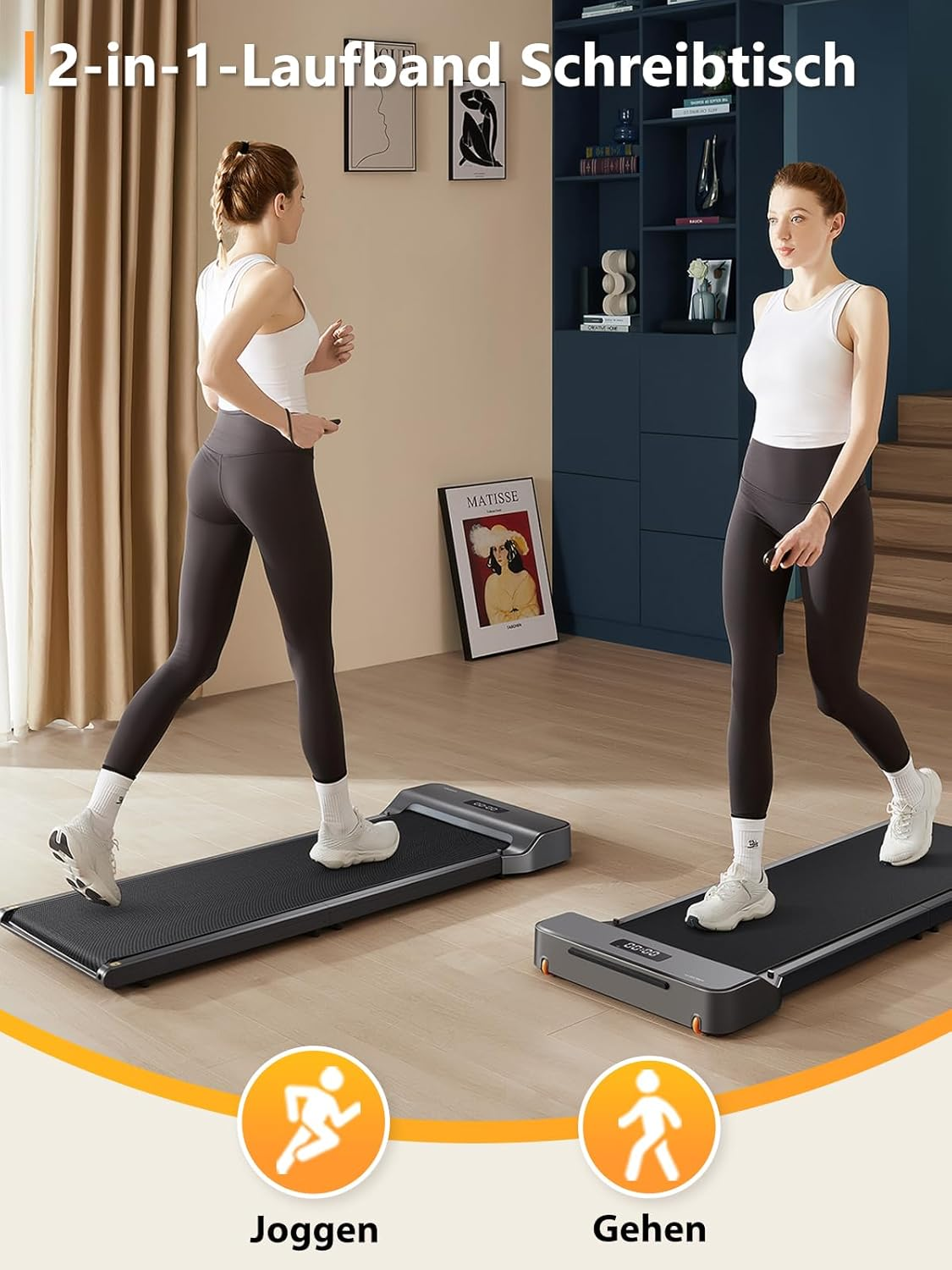 Zwei Frauen auf Laufbändern, eine joggt, eine geht. Hintergrund: Wand mit Kunst, Regal, und die Wörter '2-in-1-Laufband'.